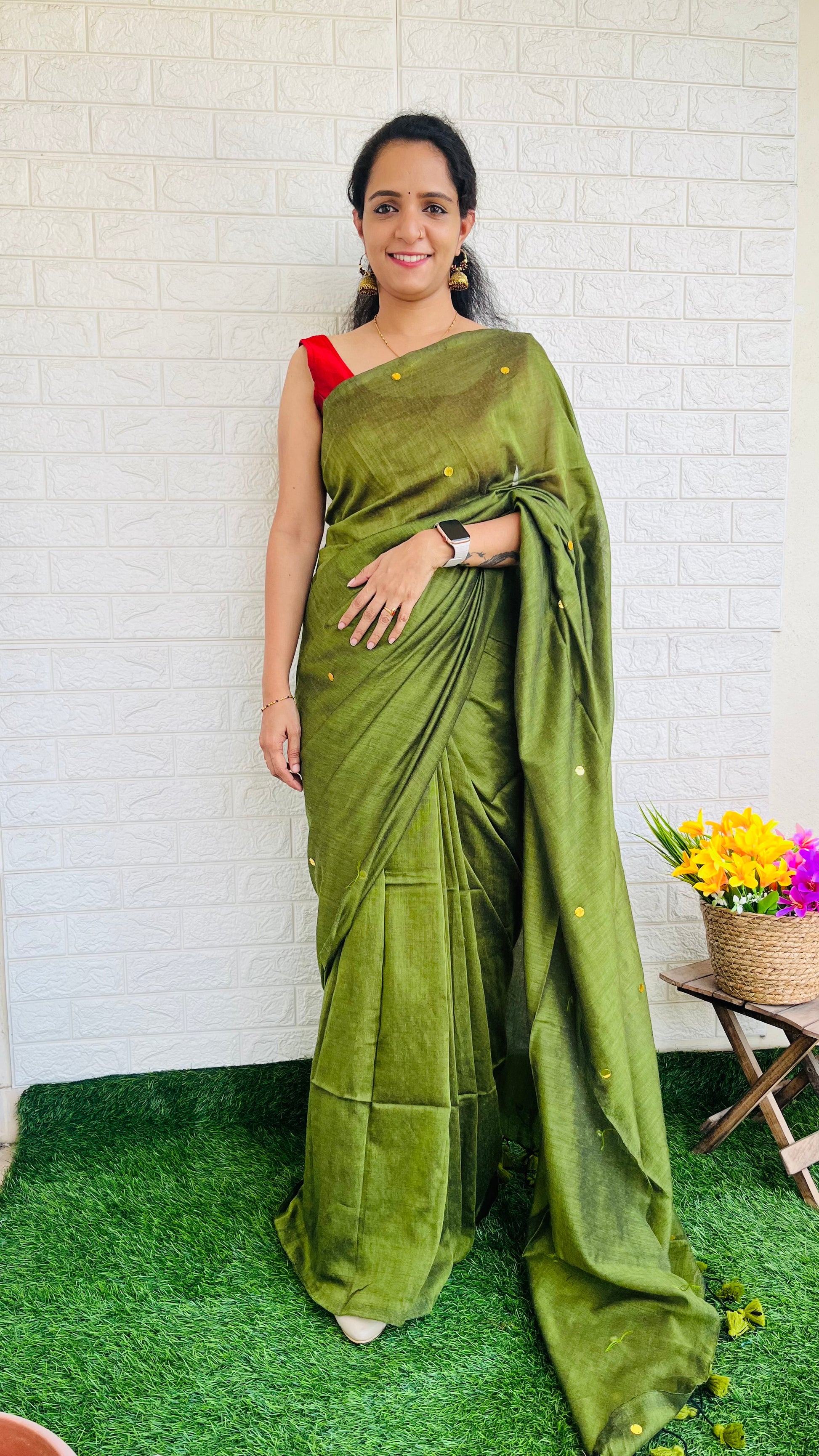 RG508 Mul Mul Cotton Coin Saree Green