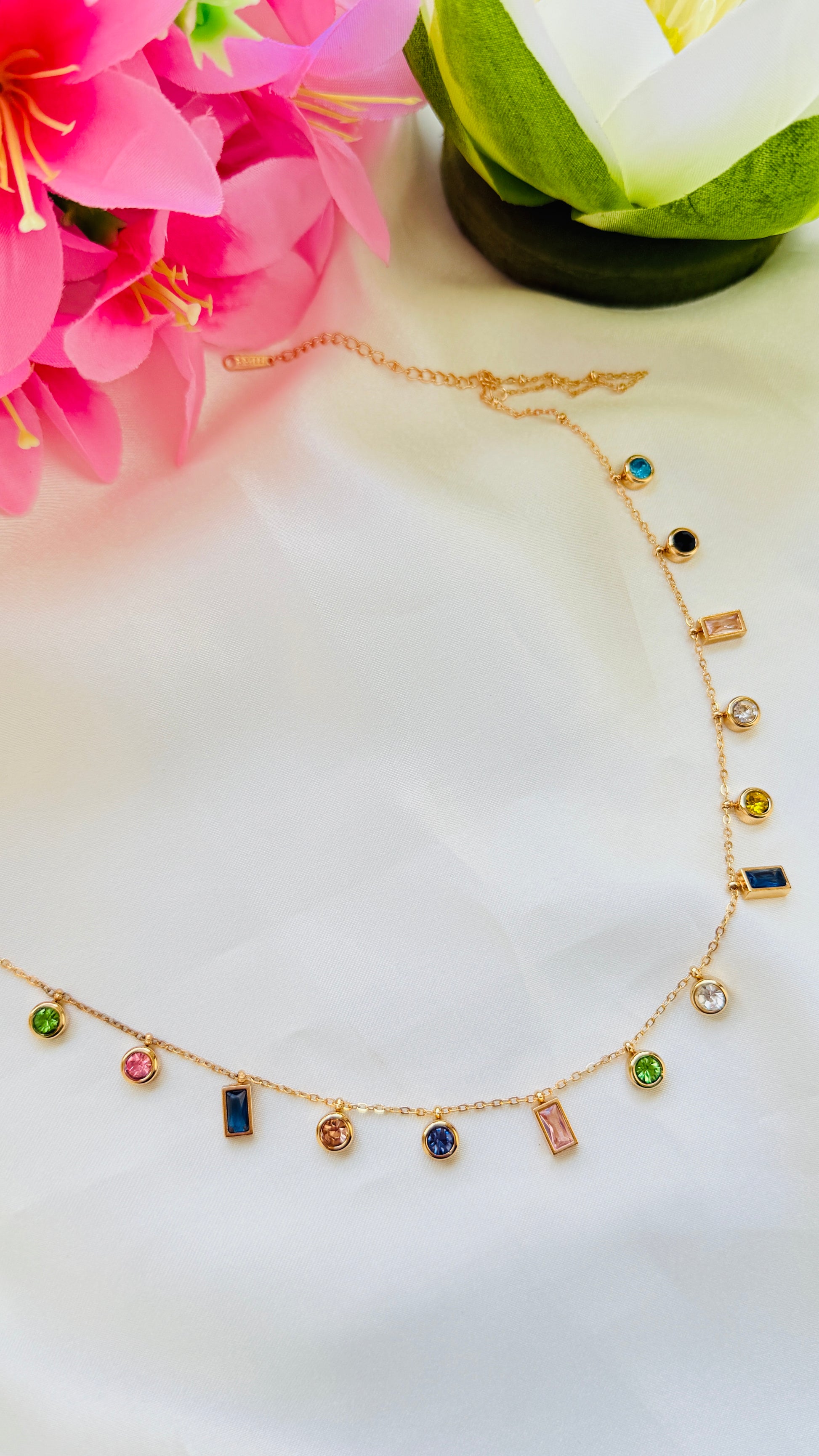 Dew Drops Multi Stone Anti tarnish stainless steel neck Chain RJ142