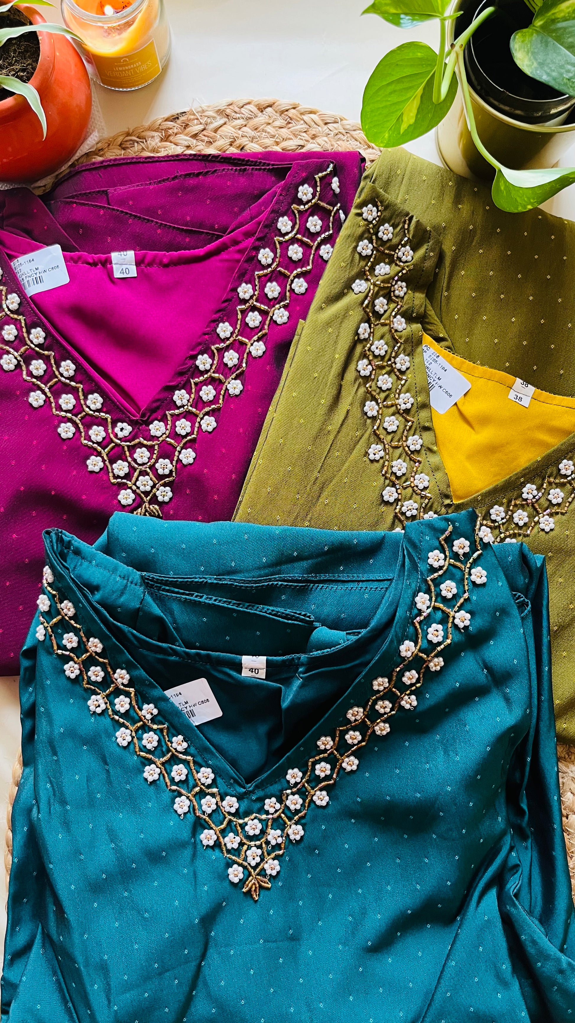 Premium Silk V neck kurti with pearl work on yoke