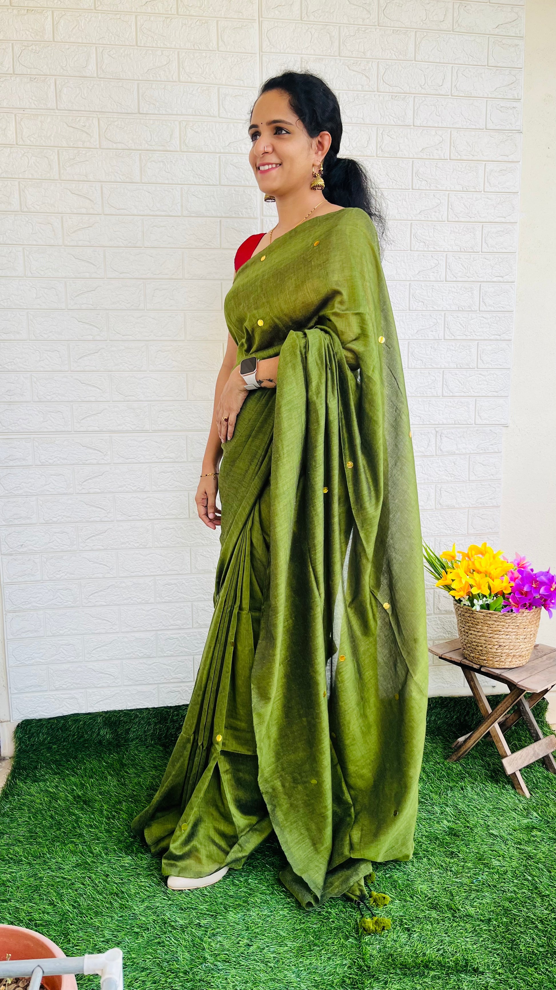 RG508 Mul Mul Cotton Coin Saree Green
