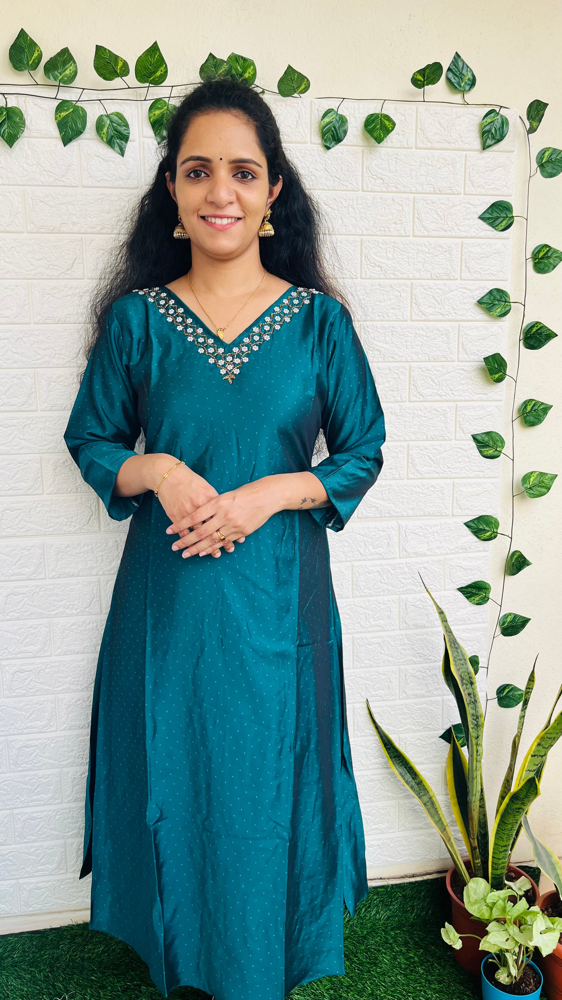 Premium Silk V neck kurti with pearl work on yoke