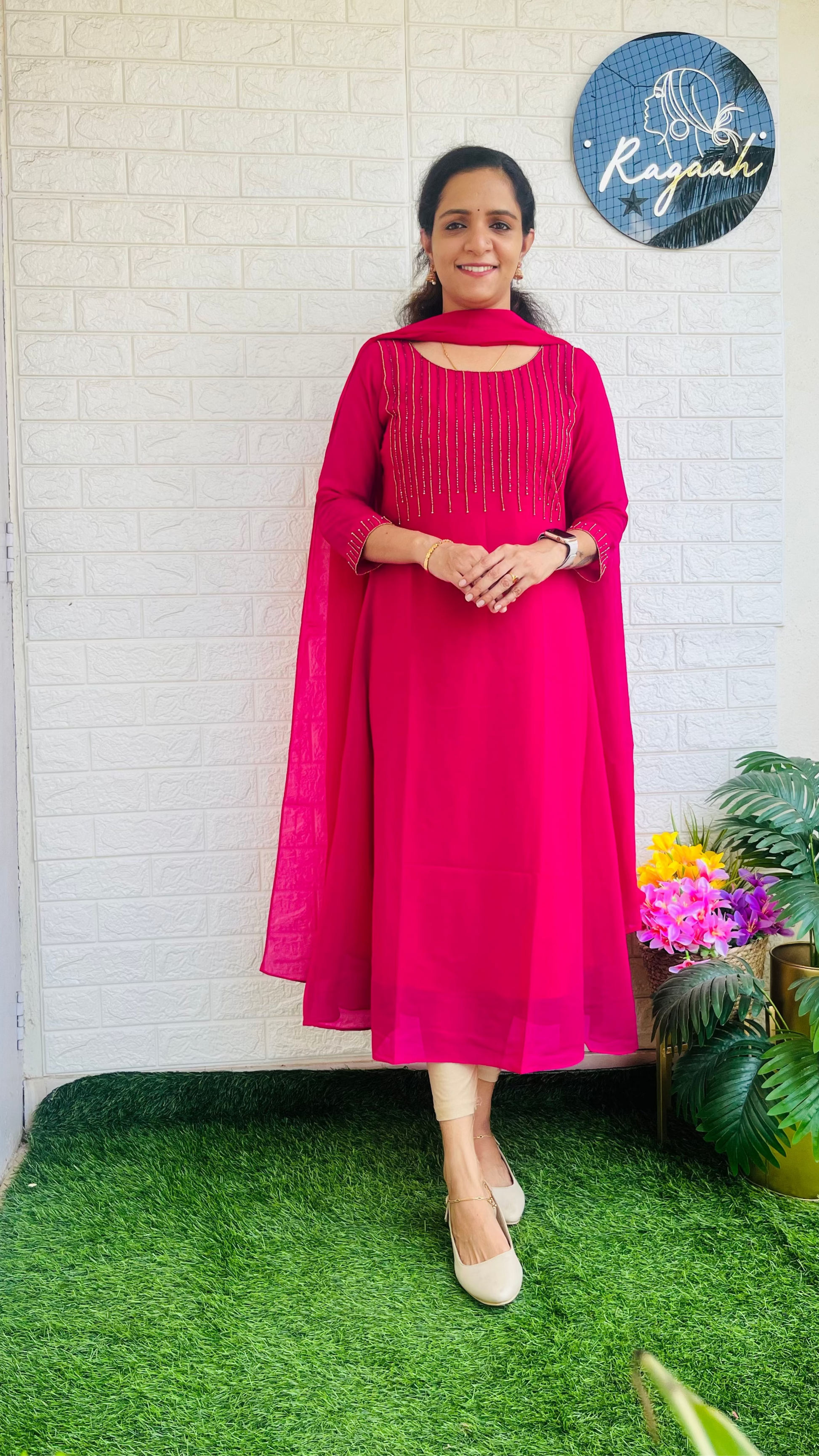 Heavy HandWork Aline Kurti + Dupatta Pink RG720