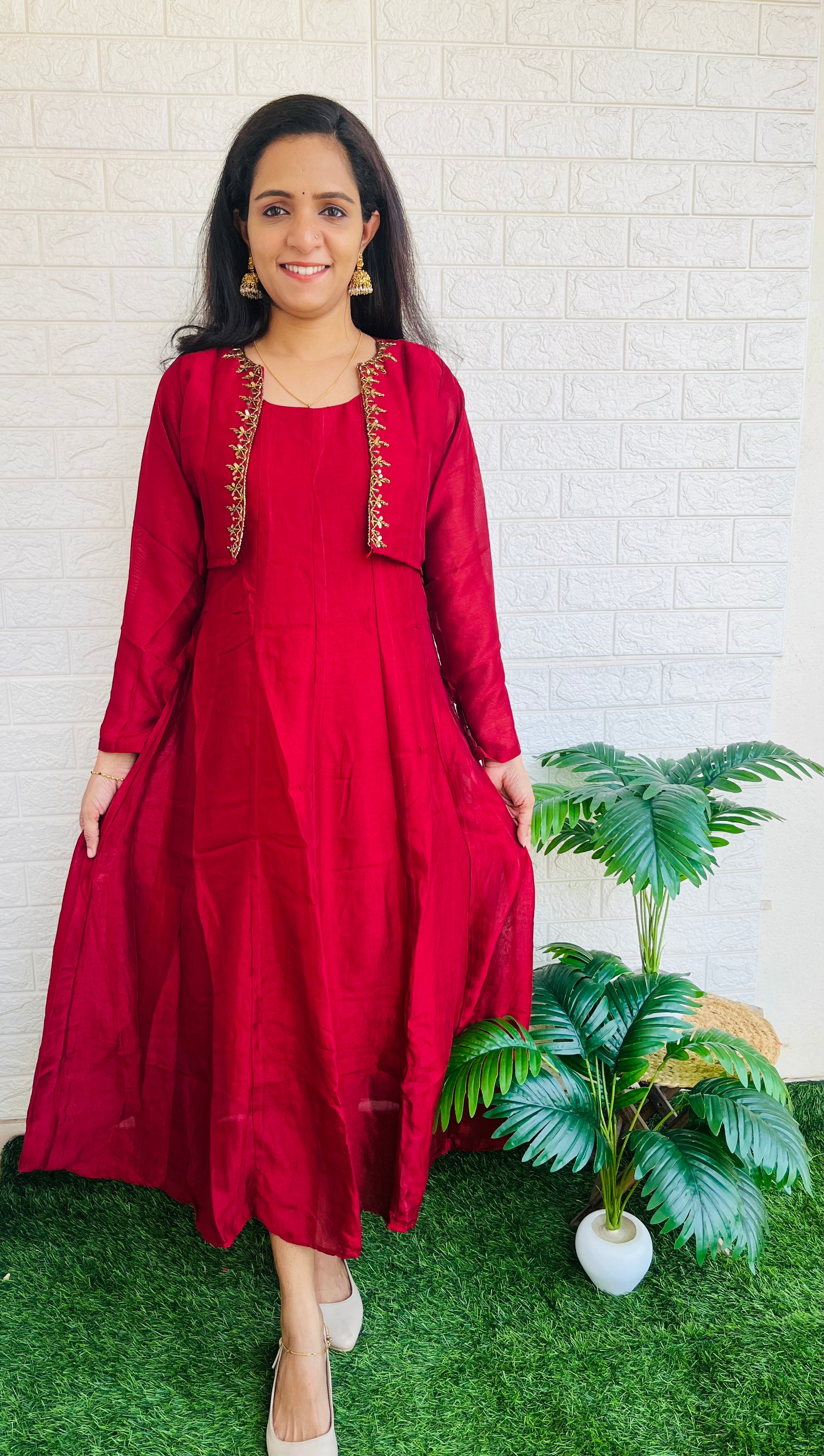 Removable jacket aline kurti with handwork dark red RG521
