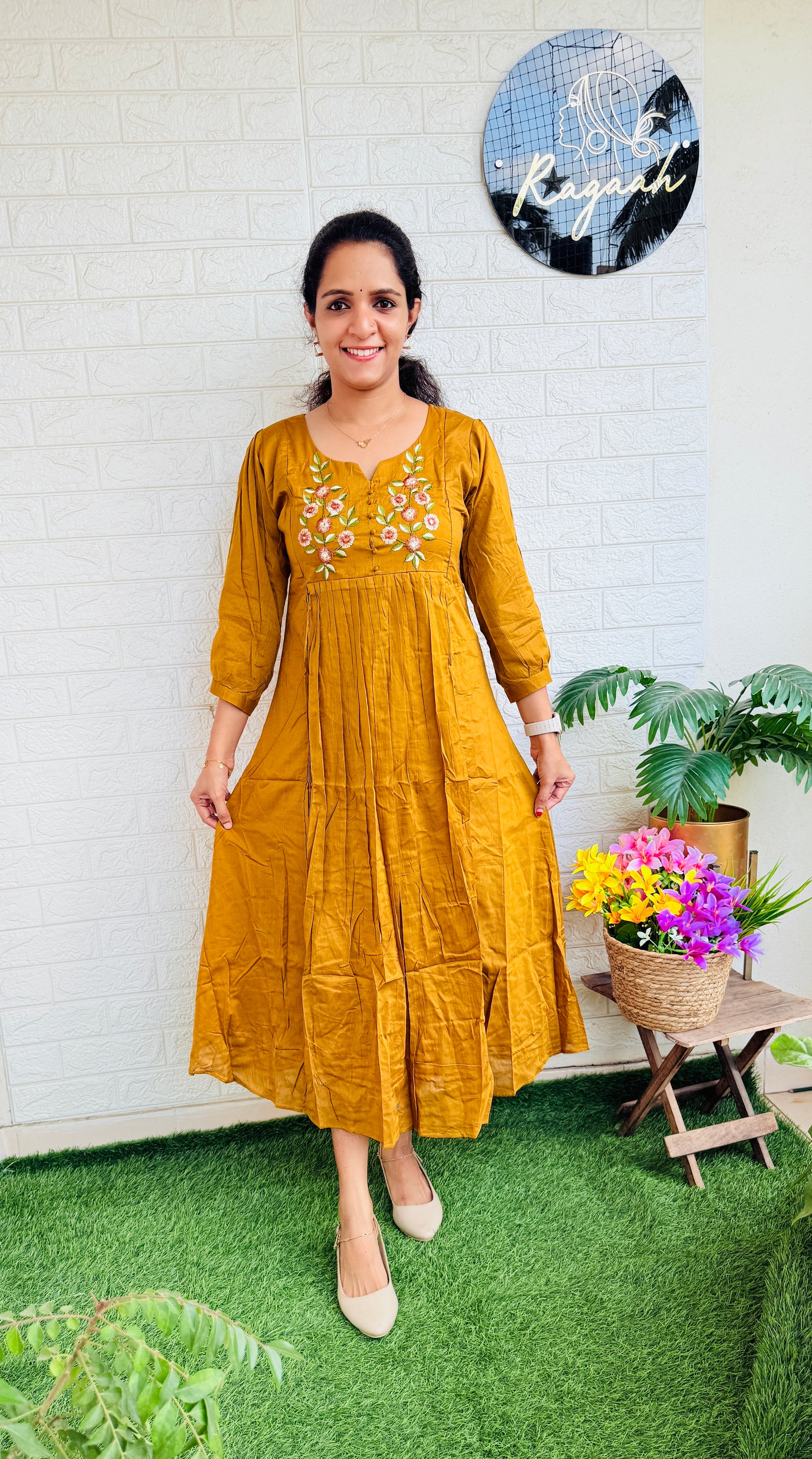 Mul Cotton Aline Kurti Dress Mustard Yellow RG779