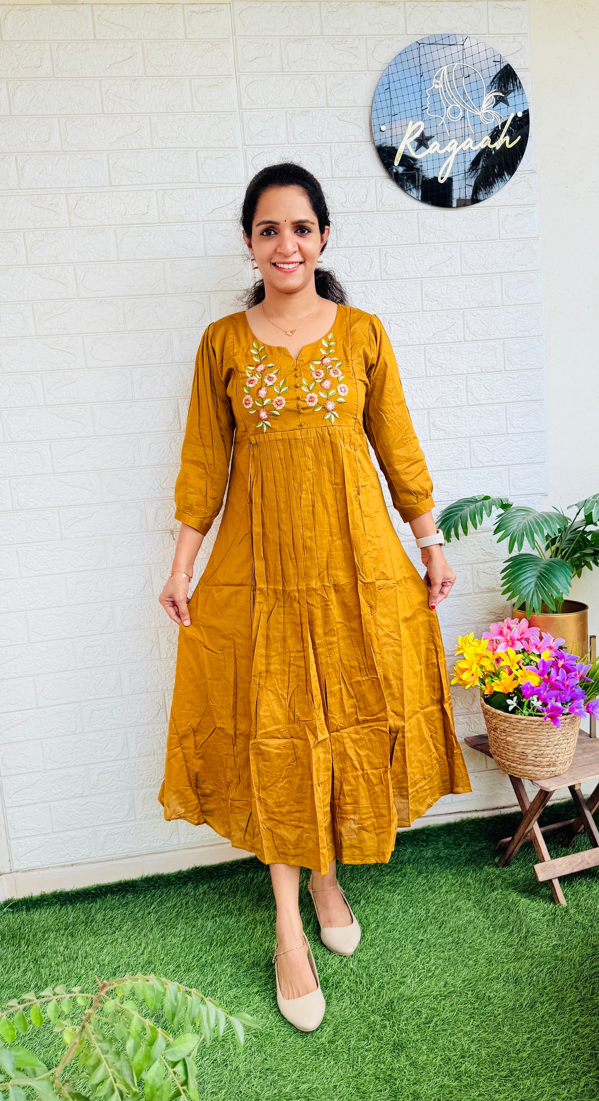 Mul Cotton Aline Kurti Dress Mustard Yellow RG779