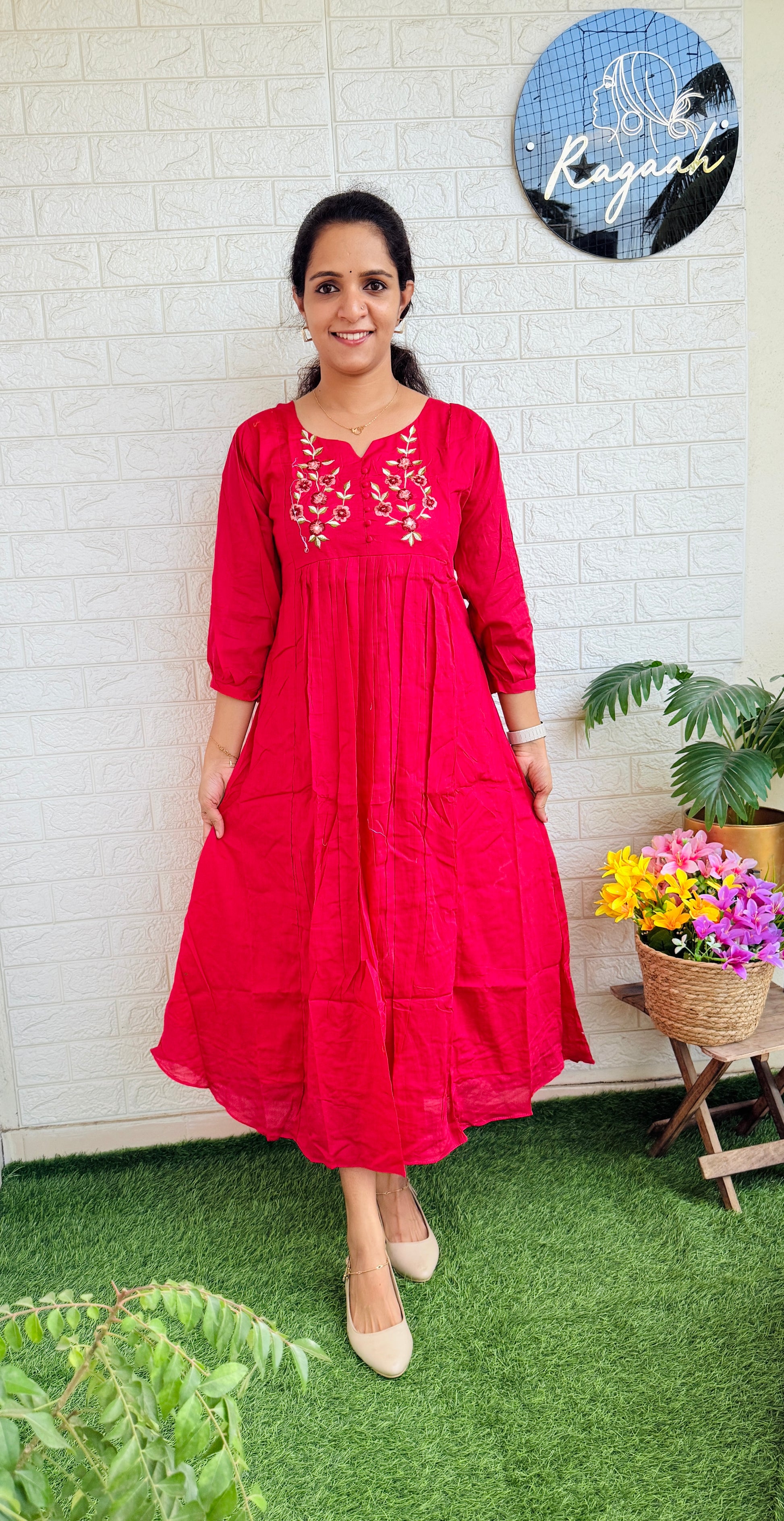 Mul Cotton Aline Kurti Dress Red RG779