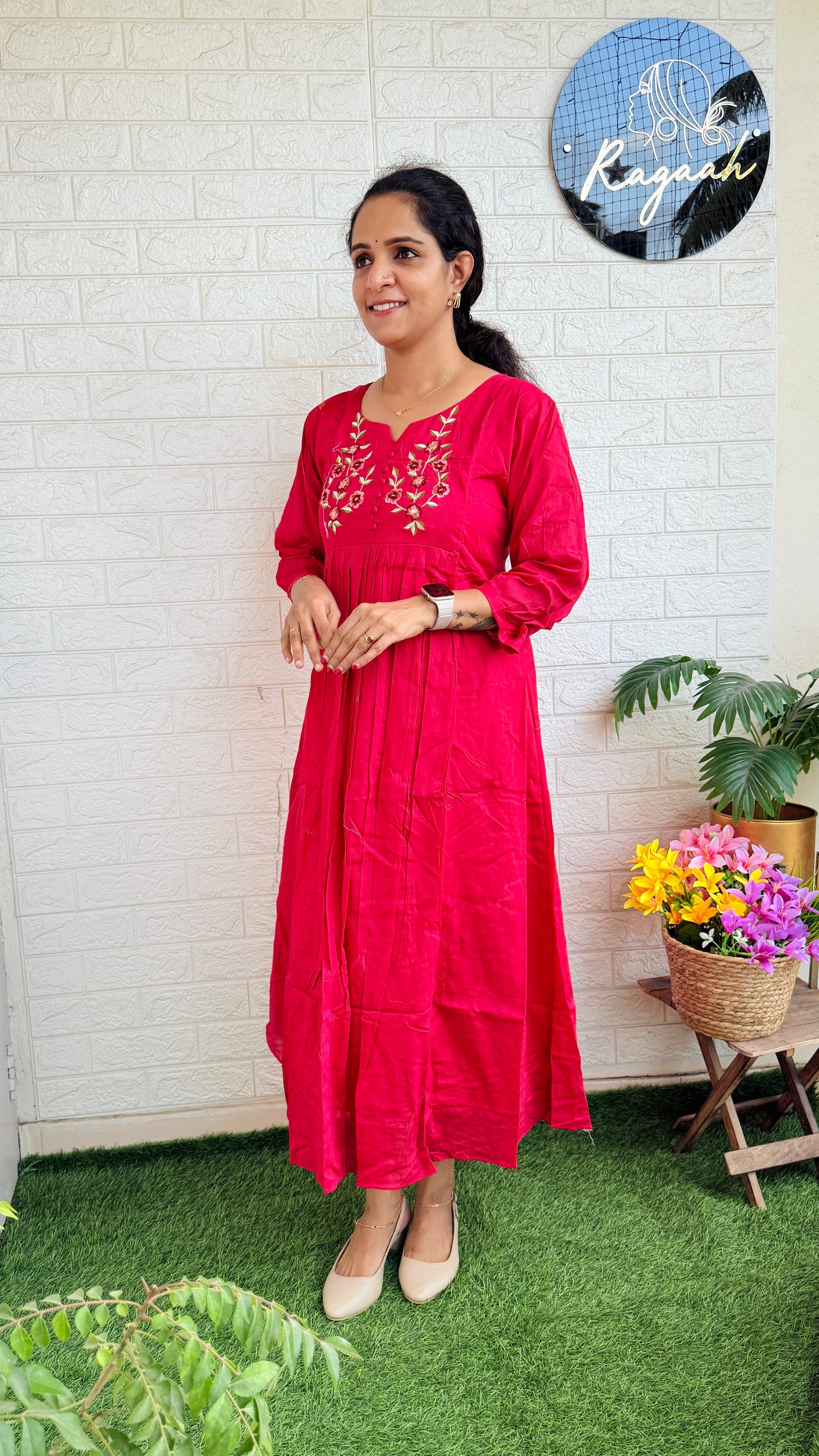 Mul Cotton Aline Kurti Dress Red RG779