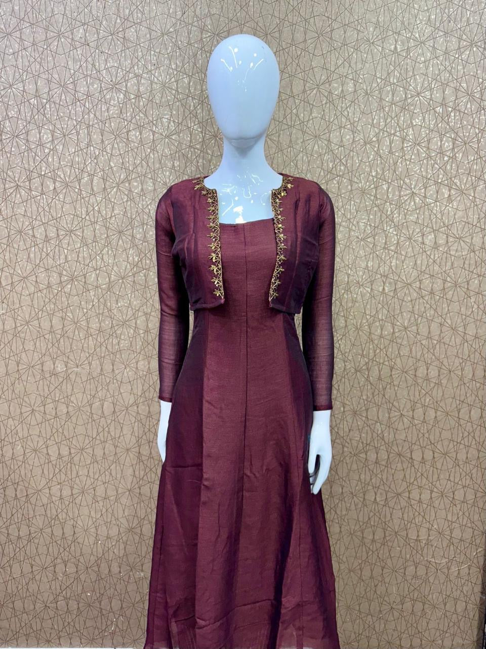 Removable jacket aline kurti with handwork brown RG521