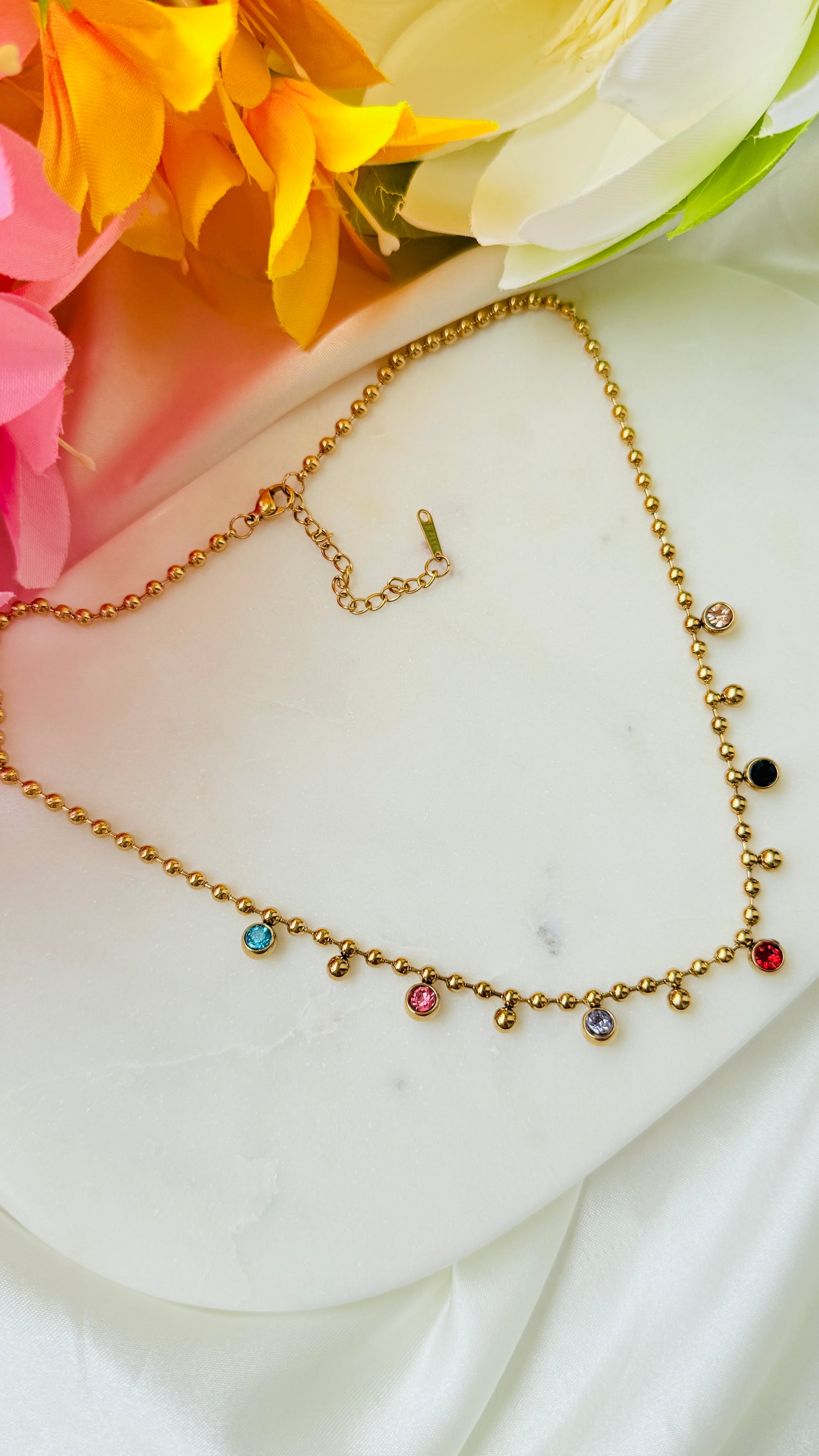 Golden Glow Multi Stone  Anti tarnish stainless steel neck Chain RJ175