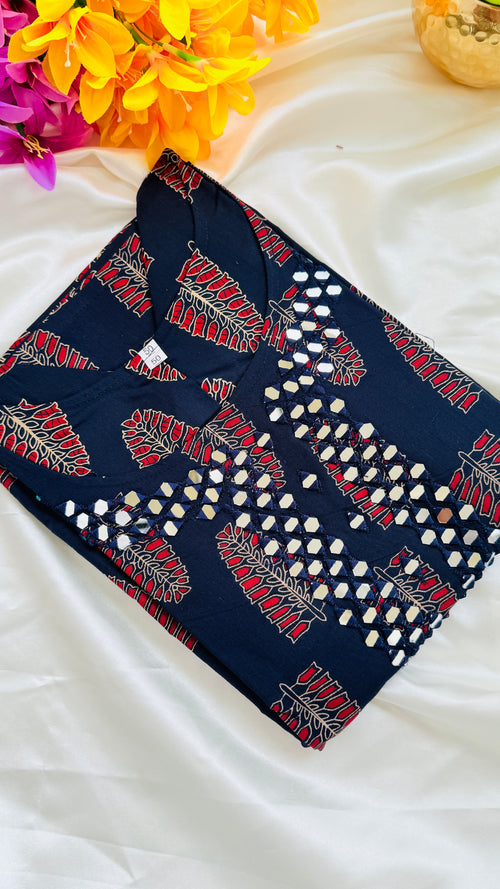 Beautiful Cotton Ajrakh Slitted Kurti RG838 Blue