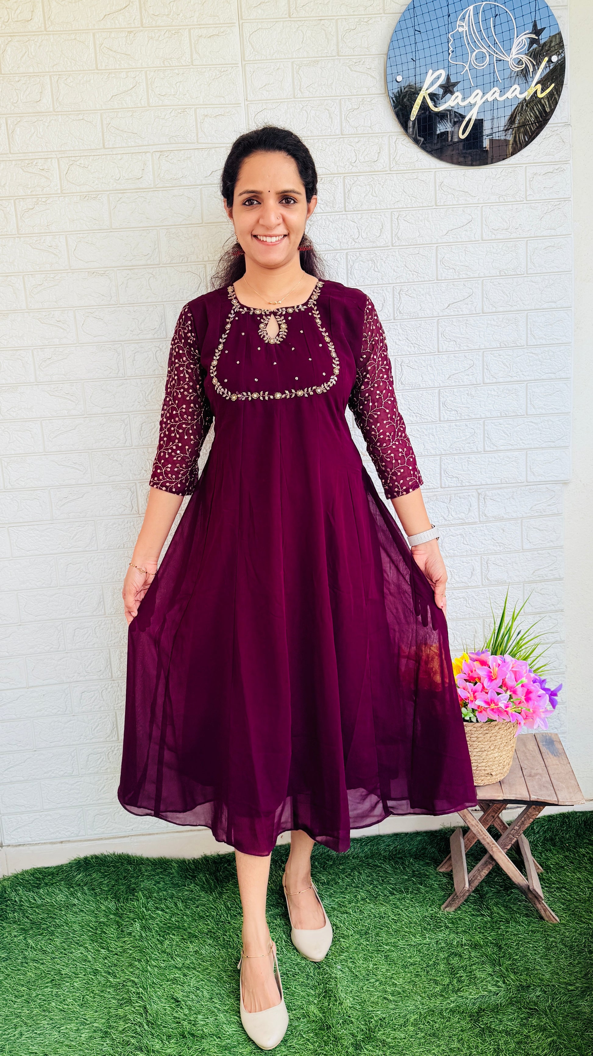 Georgette Anarkali with Zari Embroidered Sleeves RG836 Grape Wine