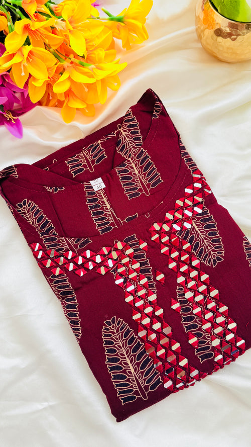 Beautiful Cotton Ajrakh Slitted Kurti RG839 Maroon