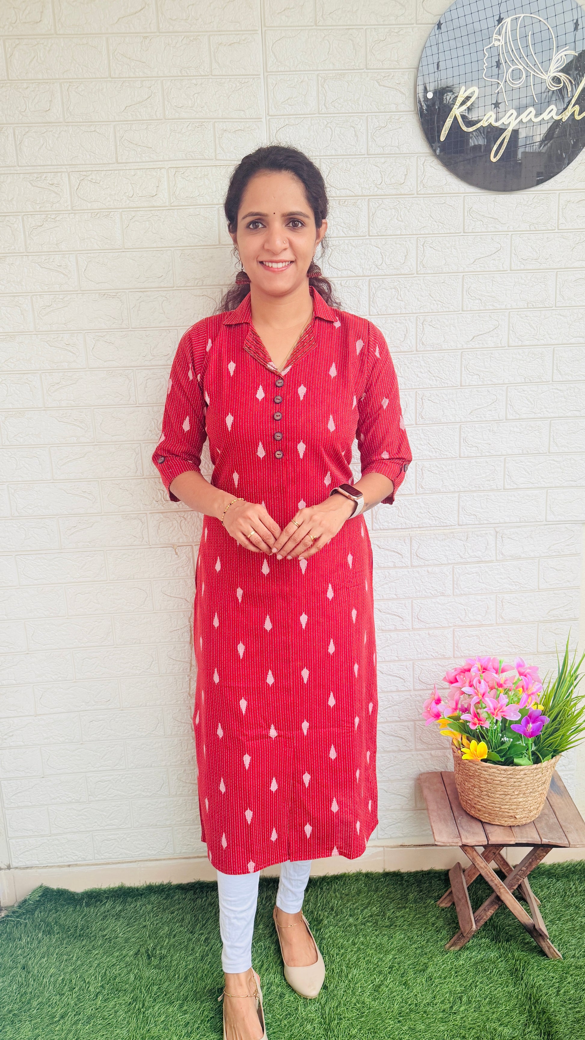 Heavy Hand Worked Kantha Cotton Slitted Collar Kurti RG848 Red