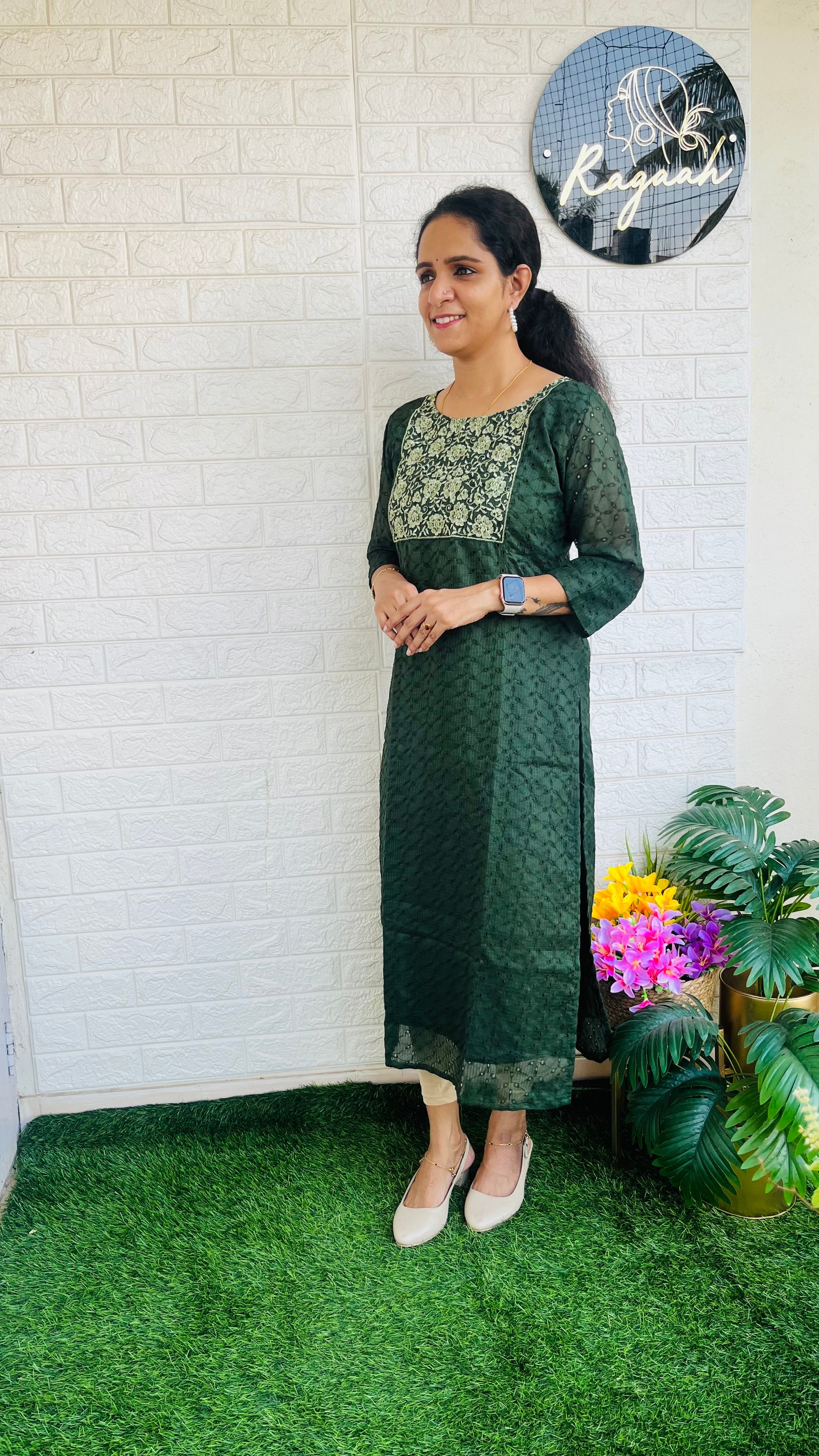 Premium net cotta slitted kurti green RG725