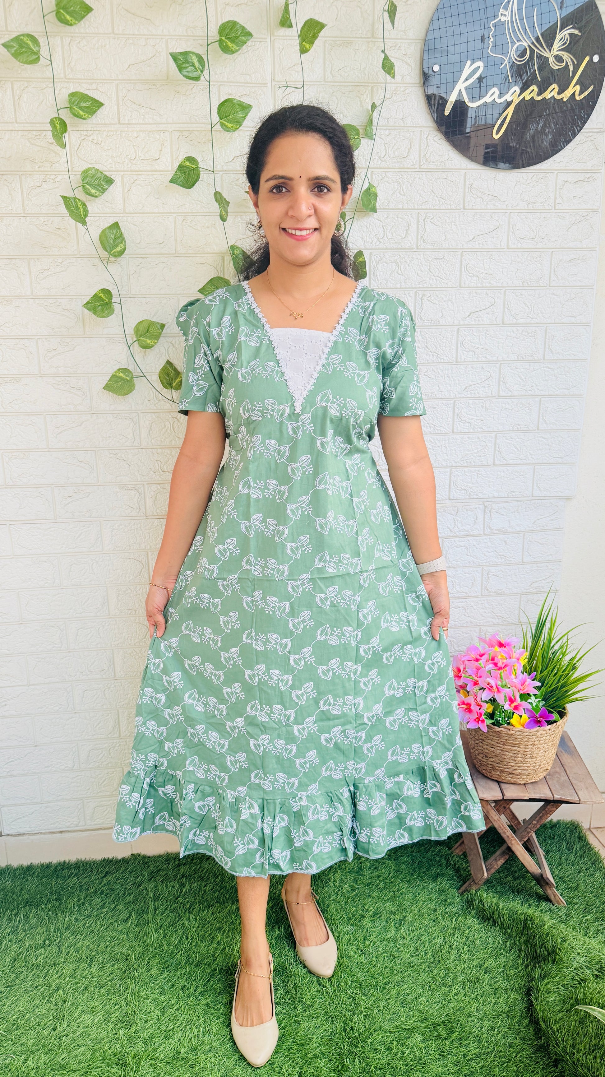 Cotton Frock With Hakoba Detailing RG862 Green