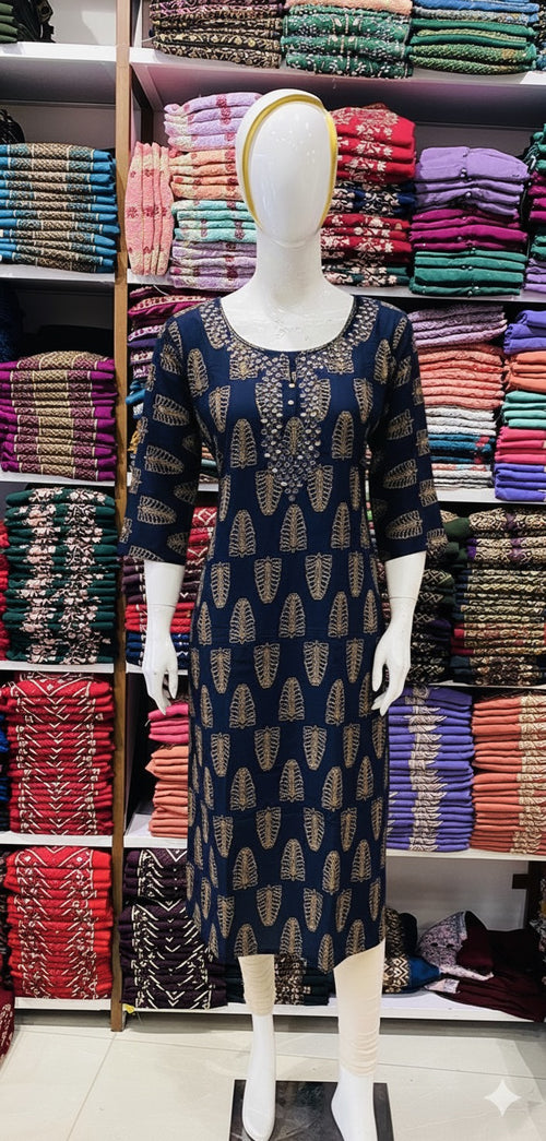 Beautiful Cotton Ajrakh Slitted Kurti RG838 Blue