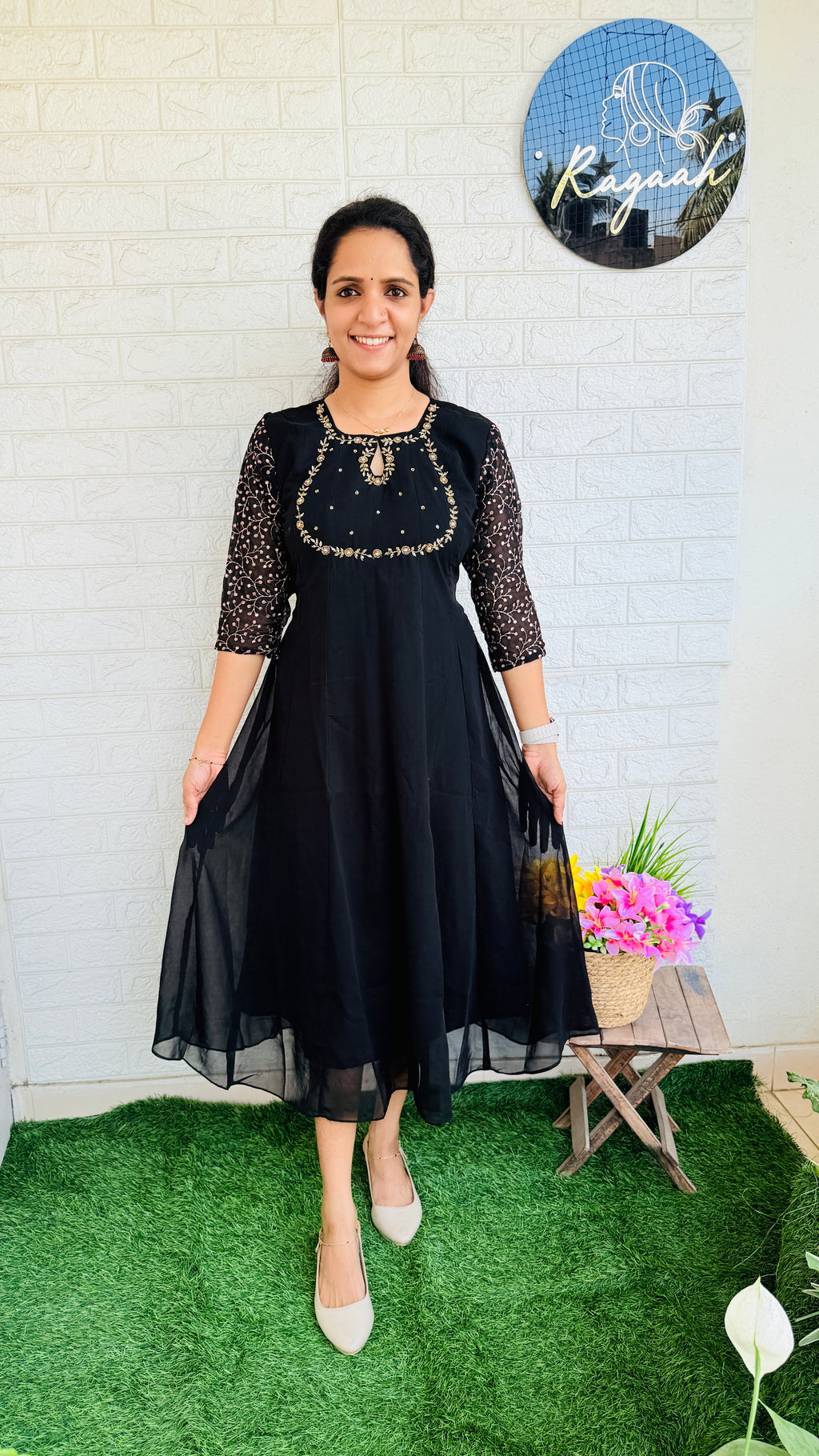 Georgette Anarkali with Zari Embroidered Sleeves RG835 Black