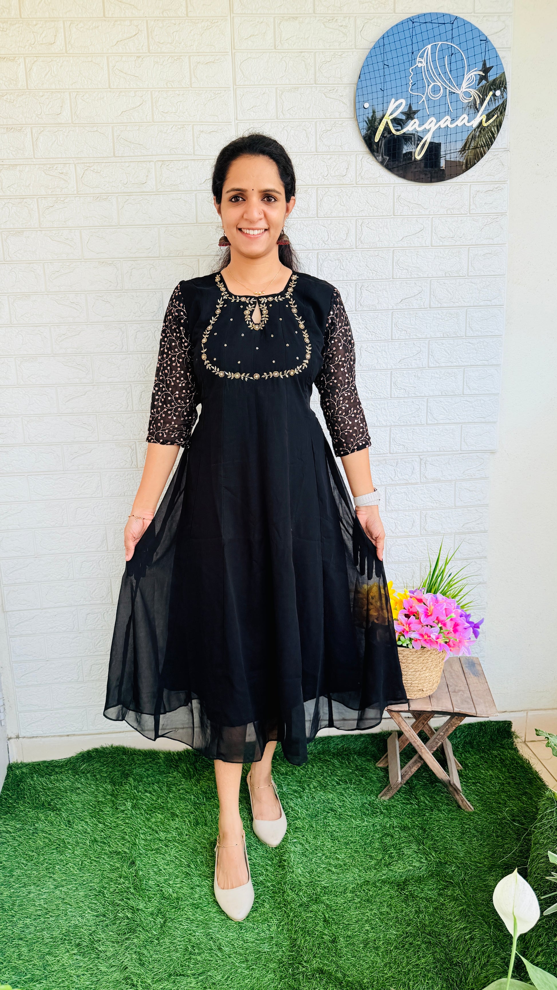 Georgette Anarkali with Zari Embroidered Sleeves RG835 Black