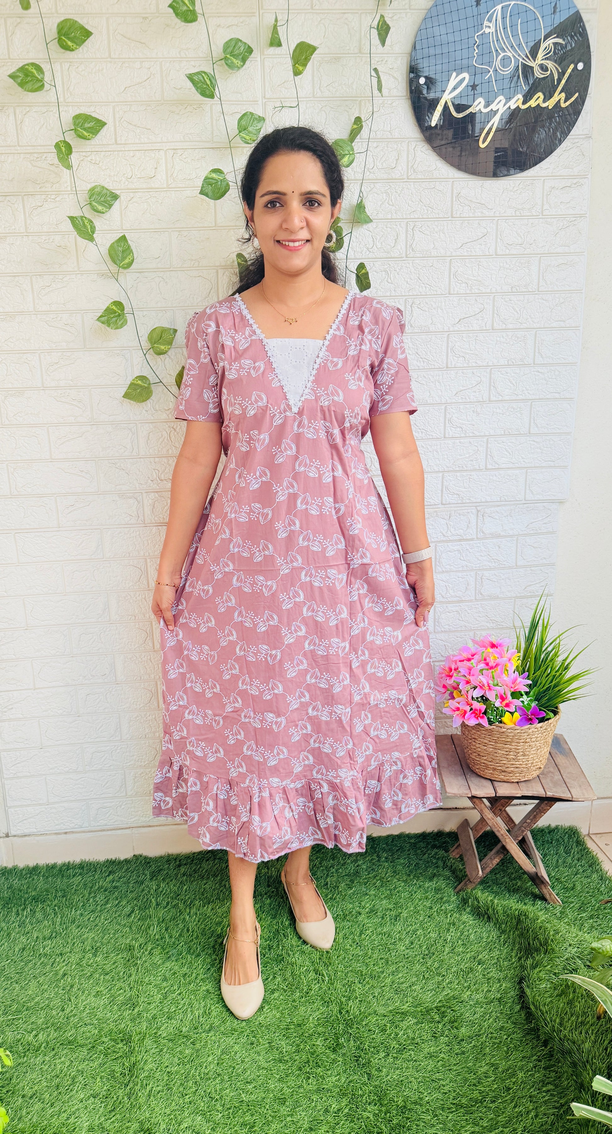 Cotton Frock With Hakoba Detailing RG862 Dusty Pink