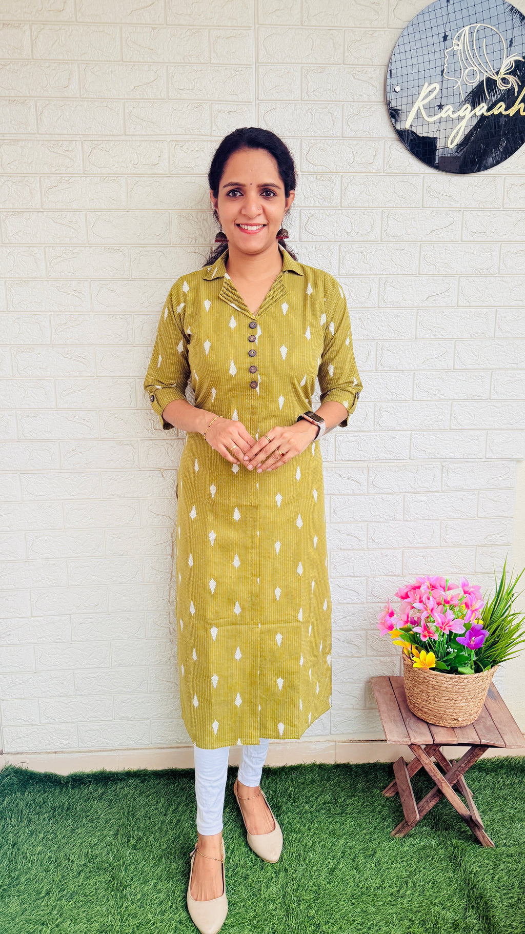 Heavy Hand Worked Kantha Cotton Slitted Collar Kurti RG848 Green-gram Green