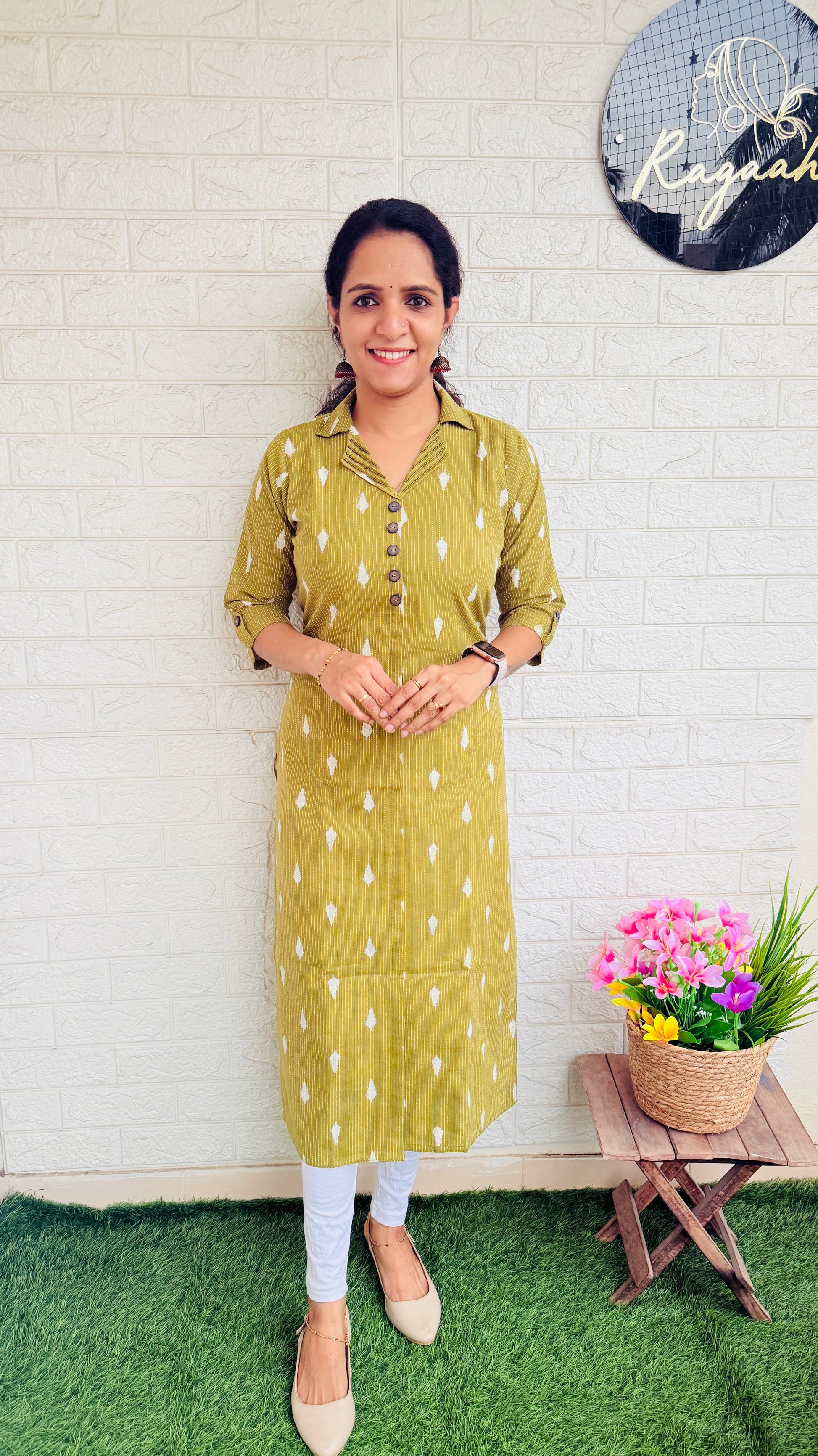Heavy Hand Worked Kantha Cotton Slitted Collar Kurti RG848 Green-gram Green