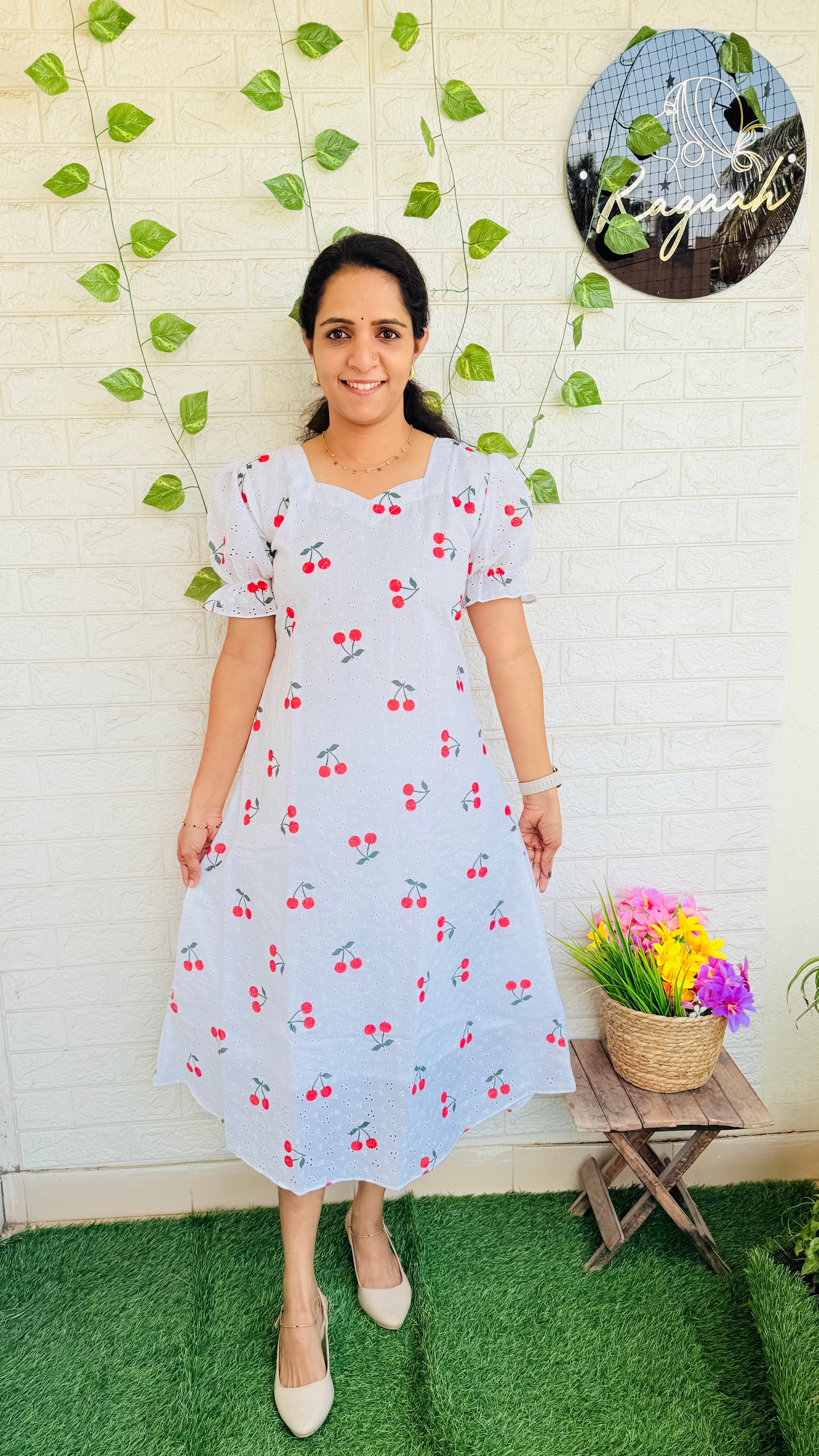 White Hakoba A-Line Cherry Print Kurti RG866