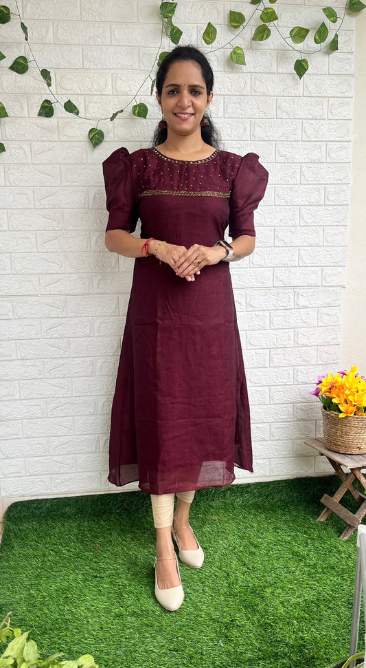 High neck aline handwork kurti brown