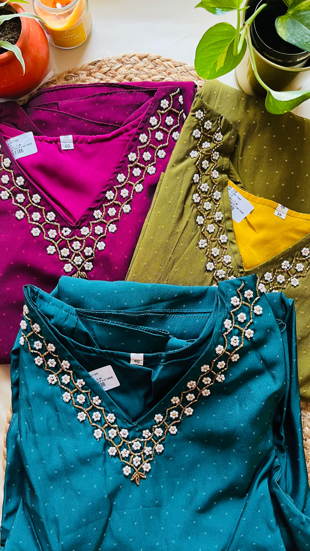 Premium Silk V neck kurti with pearl work on yoke