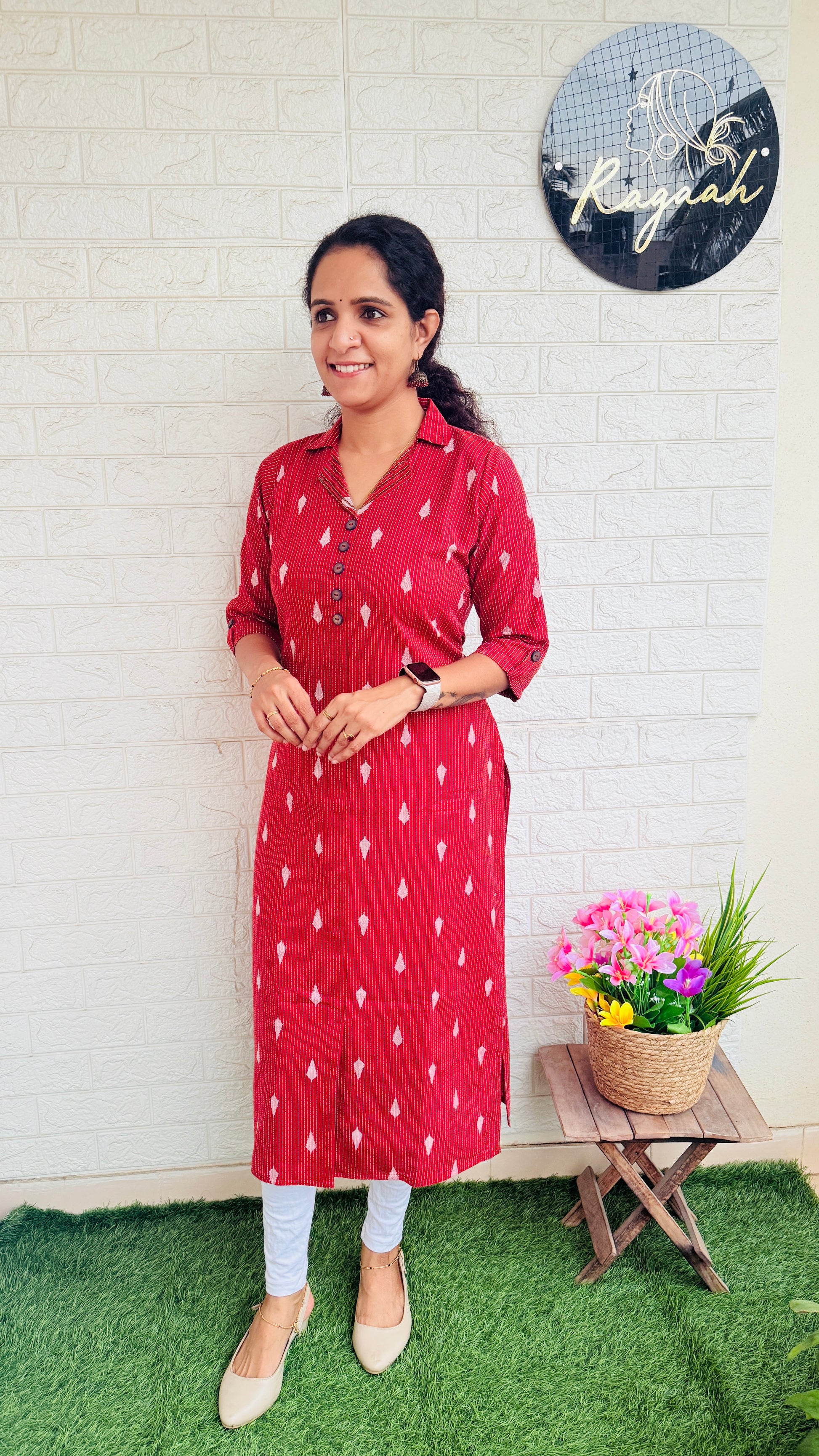 Heavy Hand Worked Kantha Cotton Slitted Collar Kurti RG848 Red