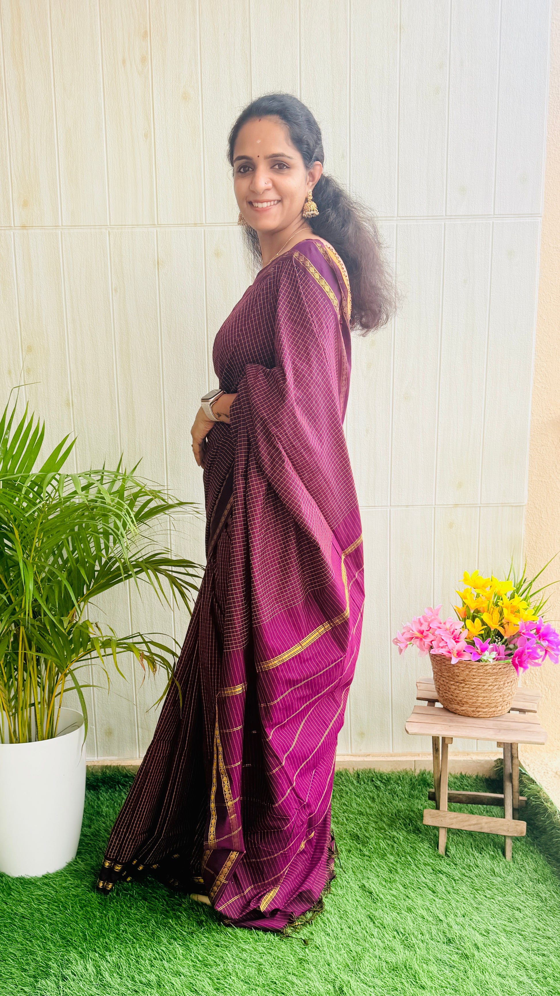 Kalyani Checked Cotton Saree RG1000 Rani Pink