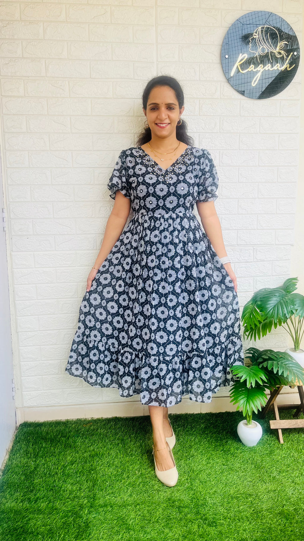 Beautiful floral frock with puff sleeves with mirror work Black RG710