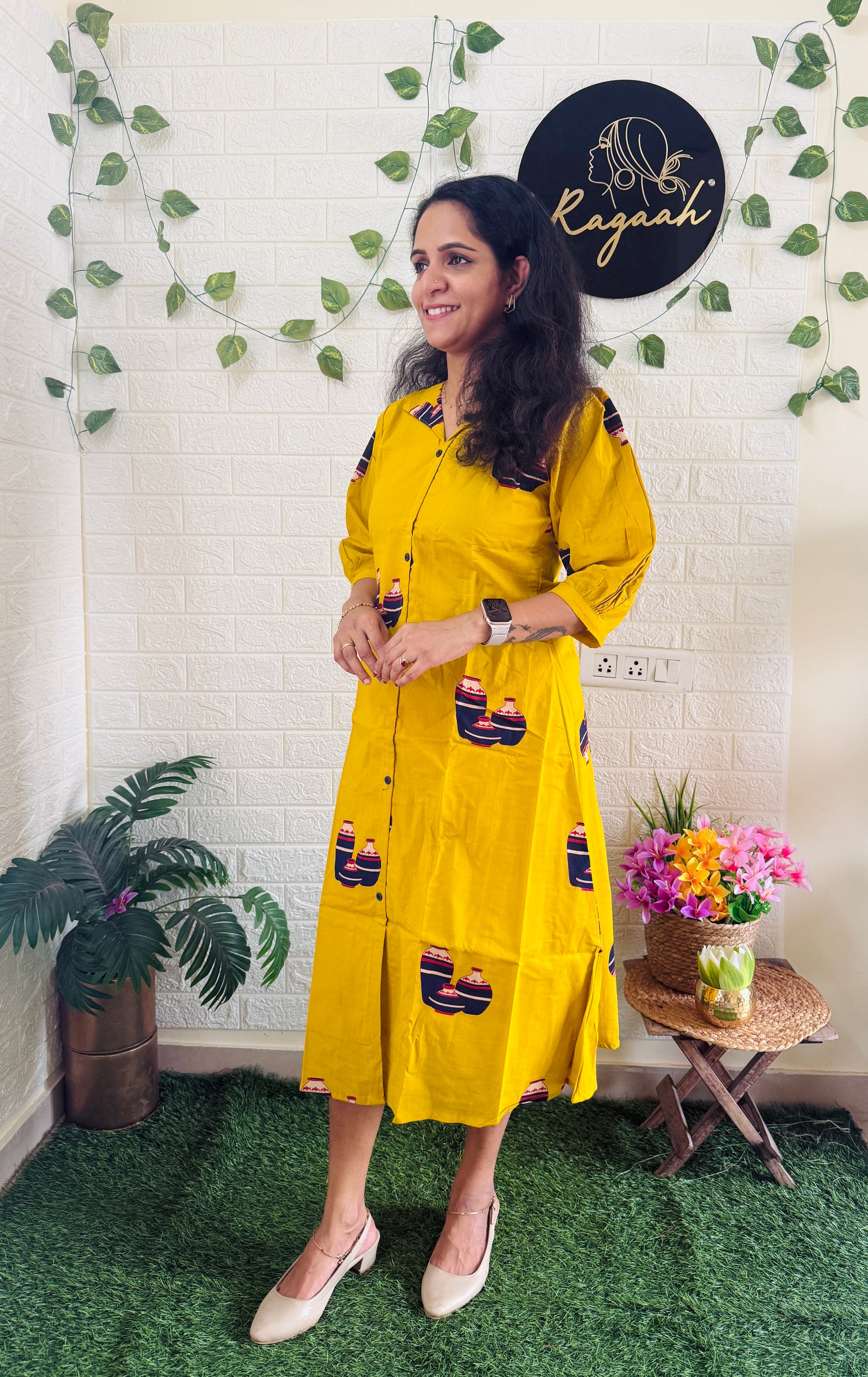 Summer Cotton Shirt Dress Yellow RG896