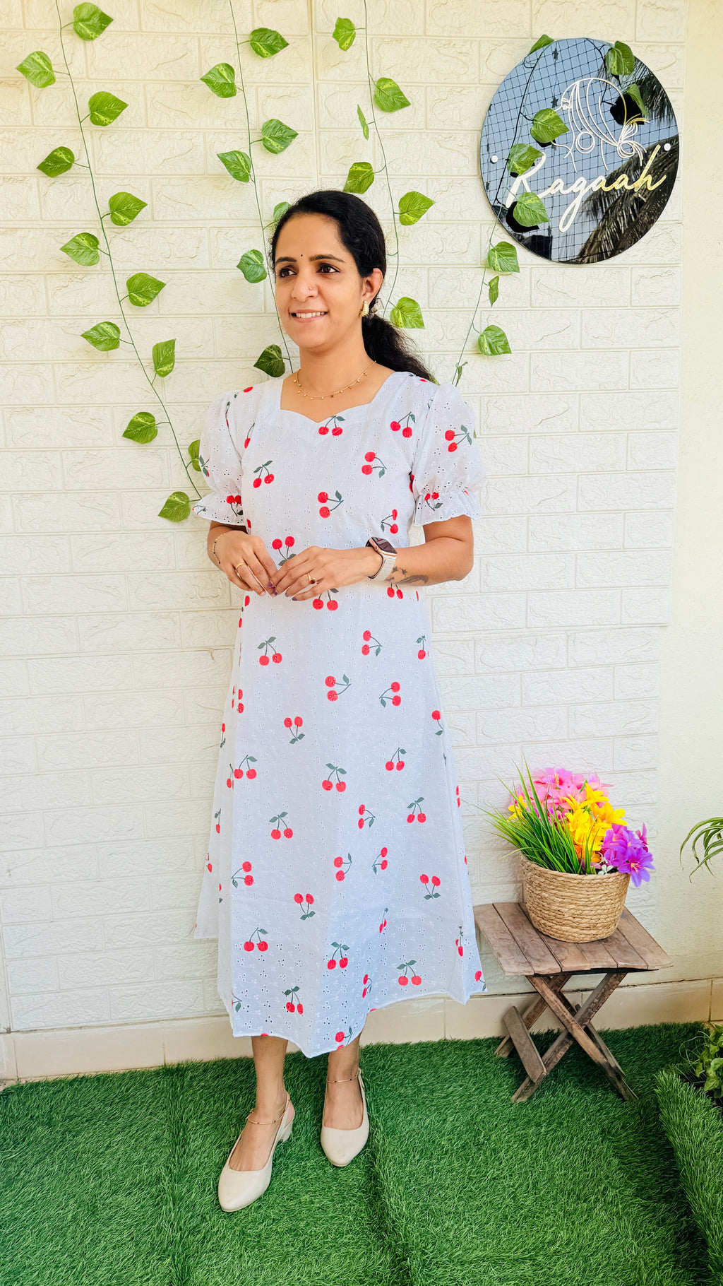 White Hakoba A-Line Cherry Print Kurti RG866