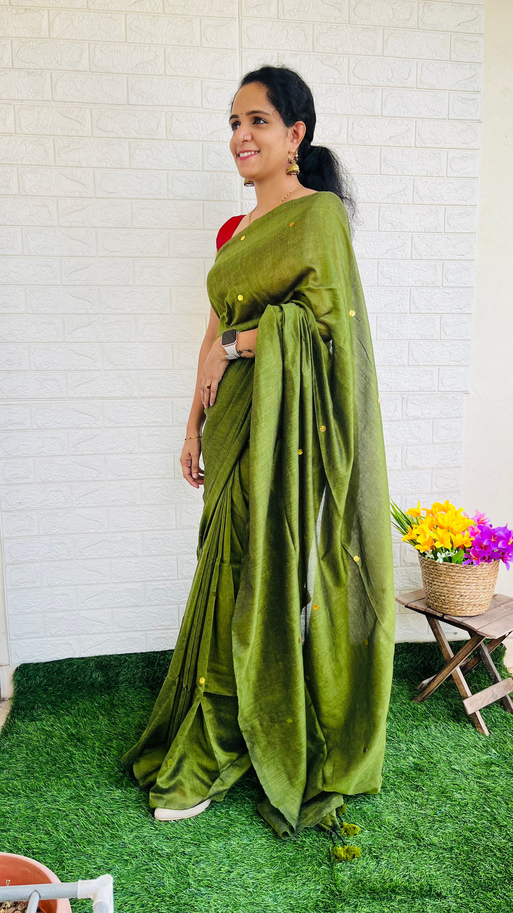 RG508 Mul Mul Cotton Coin Saree Green