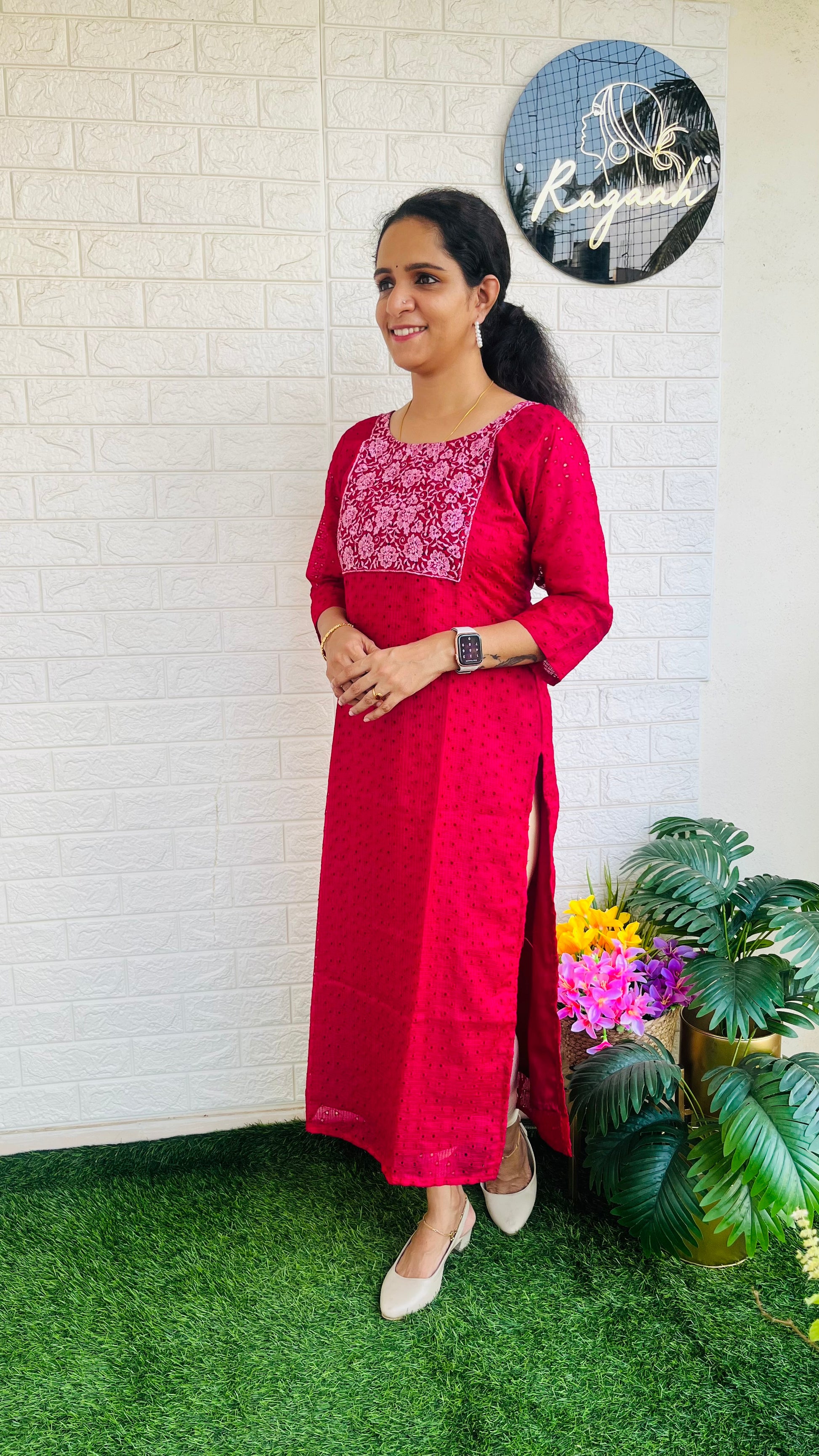 Premium net cotta slitted kurti red RG725