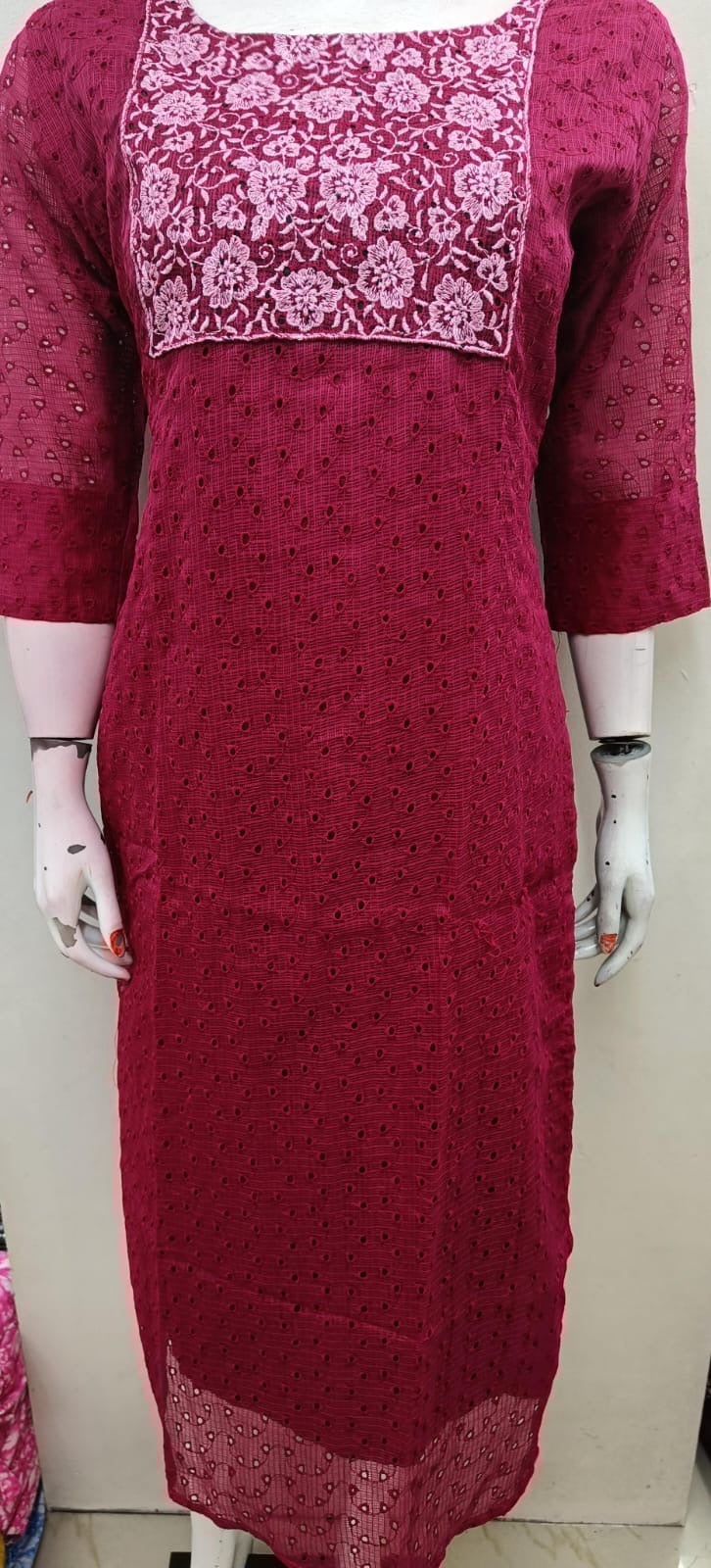 Premium net cotta slitted kurti red RG725