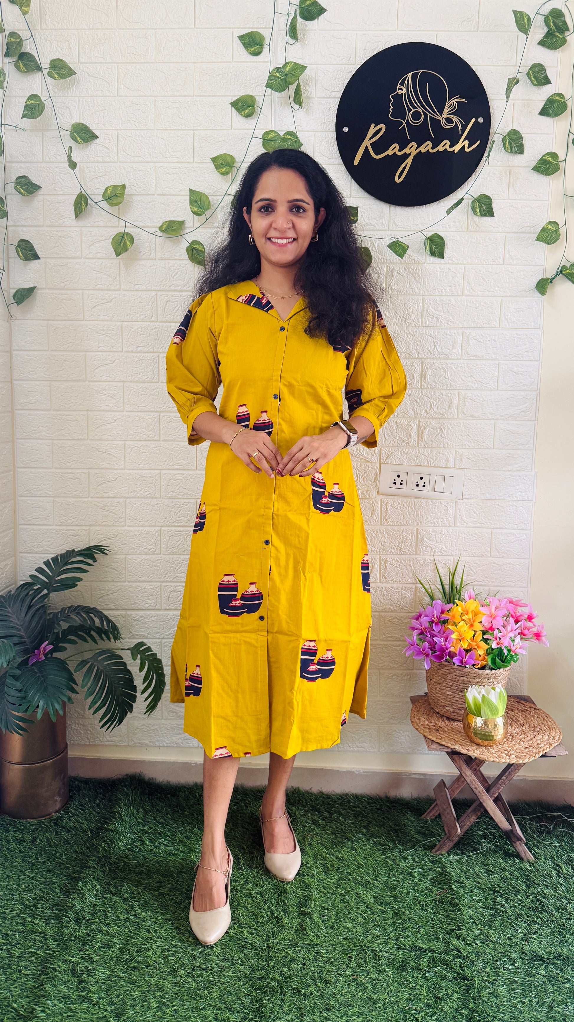 Summer Cotton Shirt Dress Yellow RG896