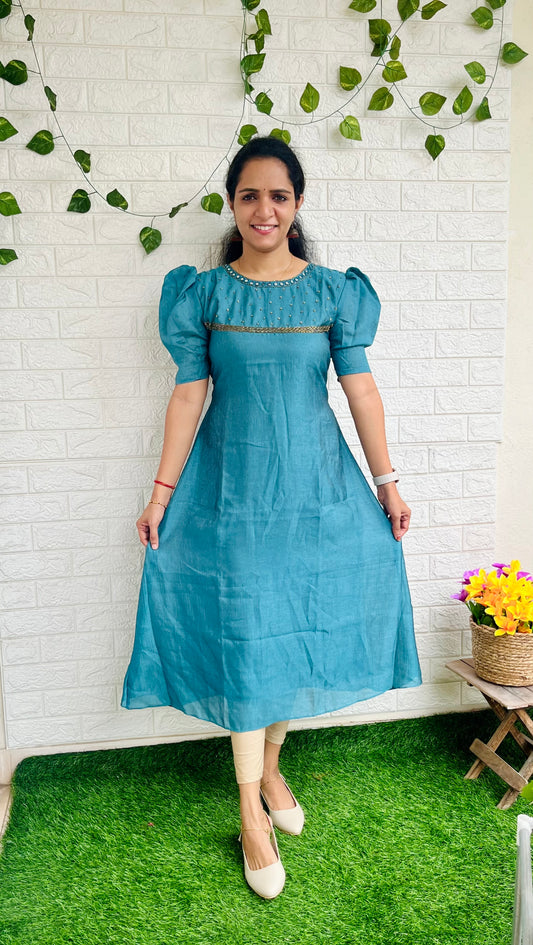 High neck aline handwork kurti blue