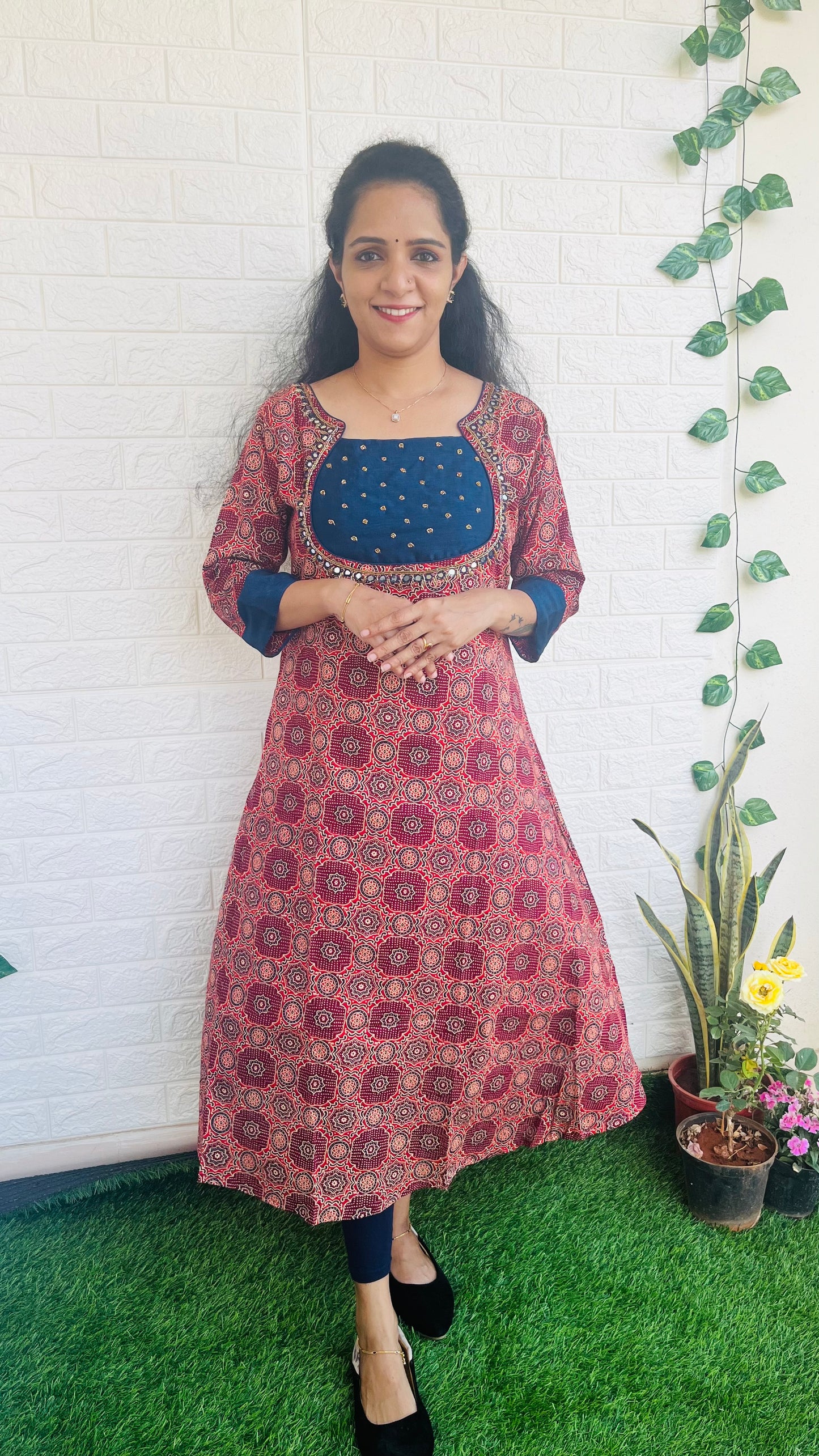 Ajrak heavy handwork aline kurti