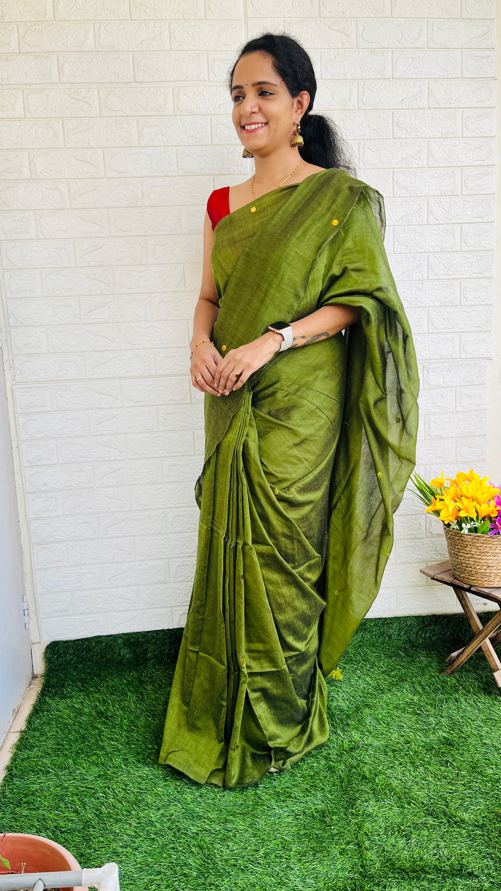 RG508 Mul Mul Cotton Coin Saree Green
