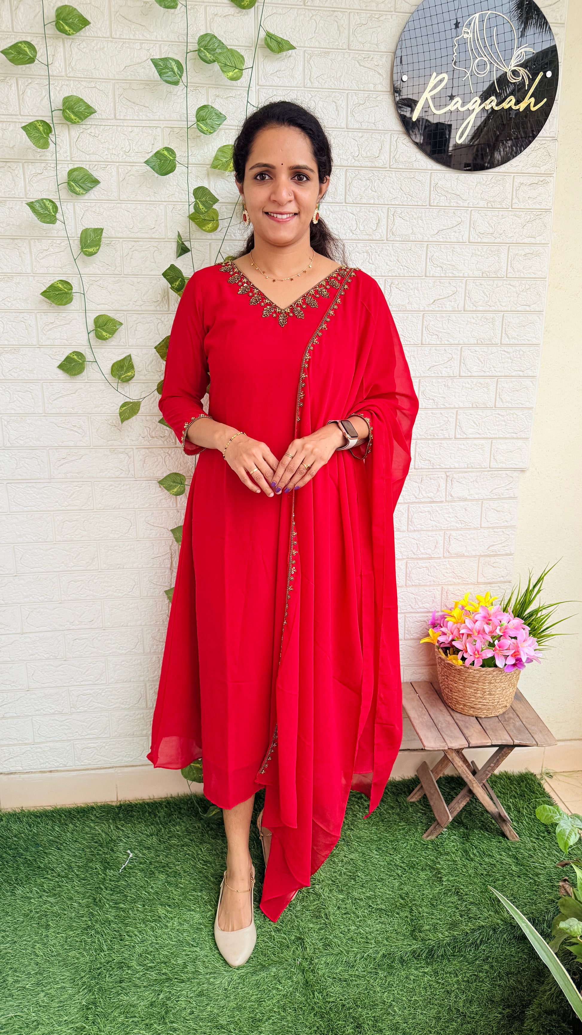 Heavy HandWork Aline Kurti + Dupatta RG863 Red