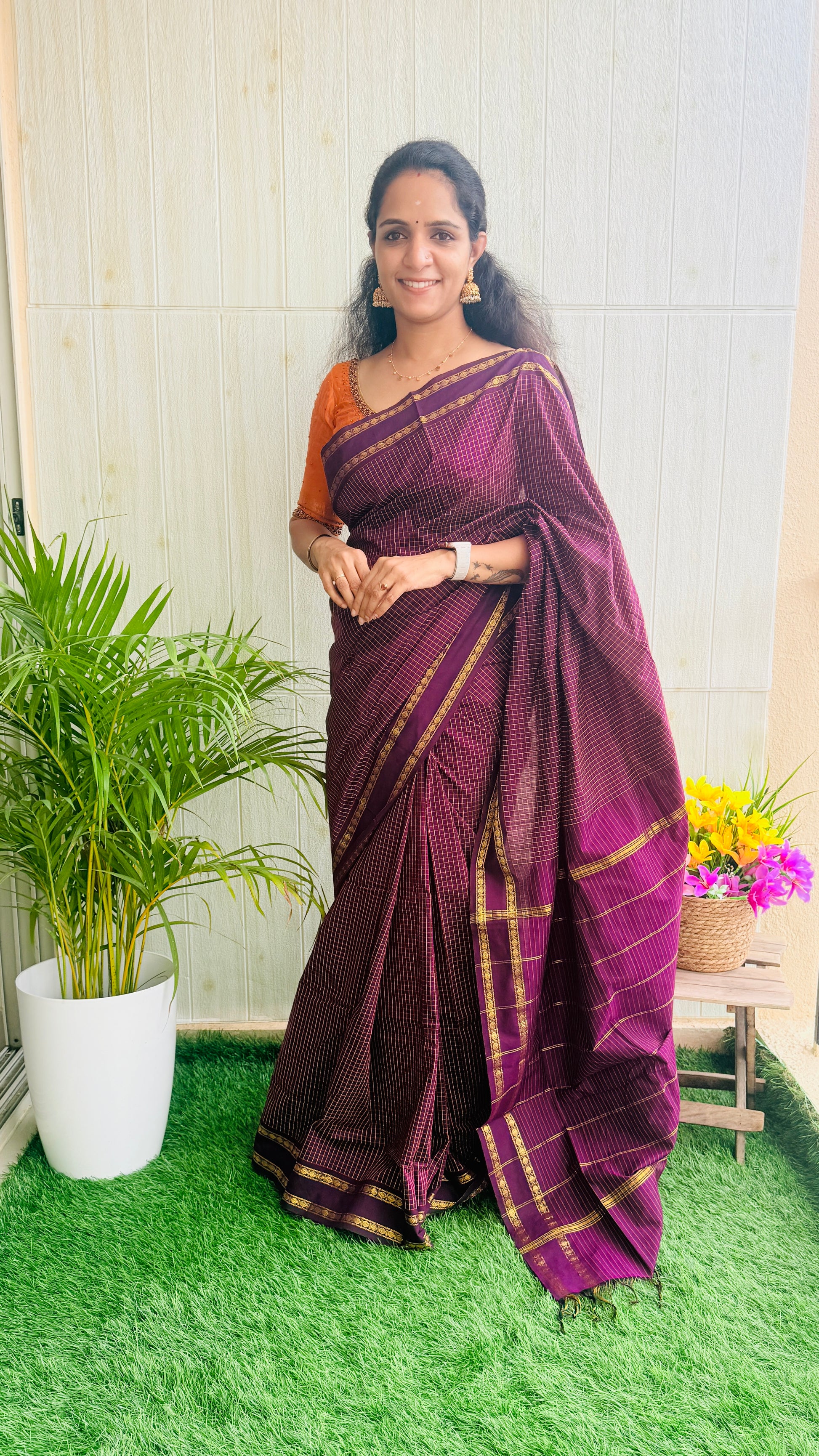 Kalyani Checked Cotton Saree RG1000 Rani Pink
