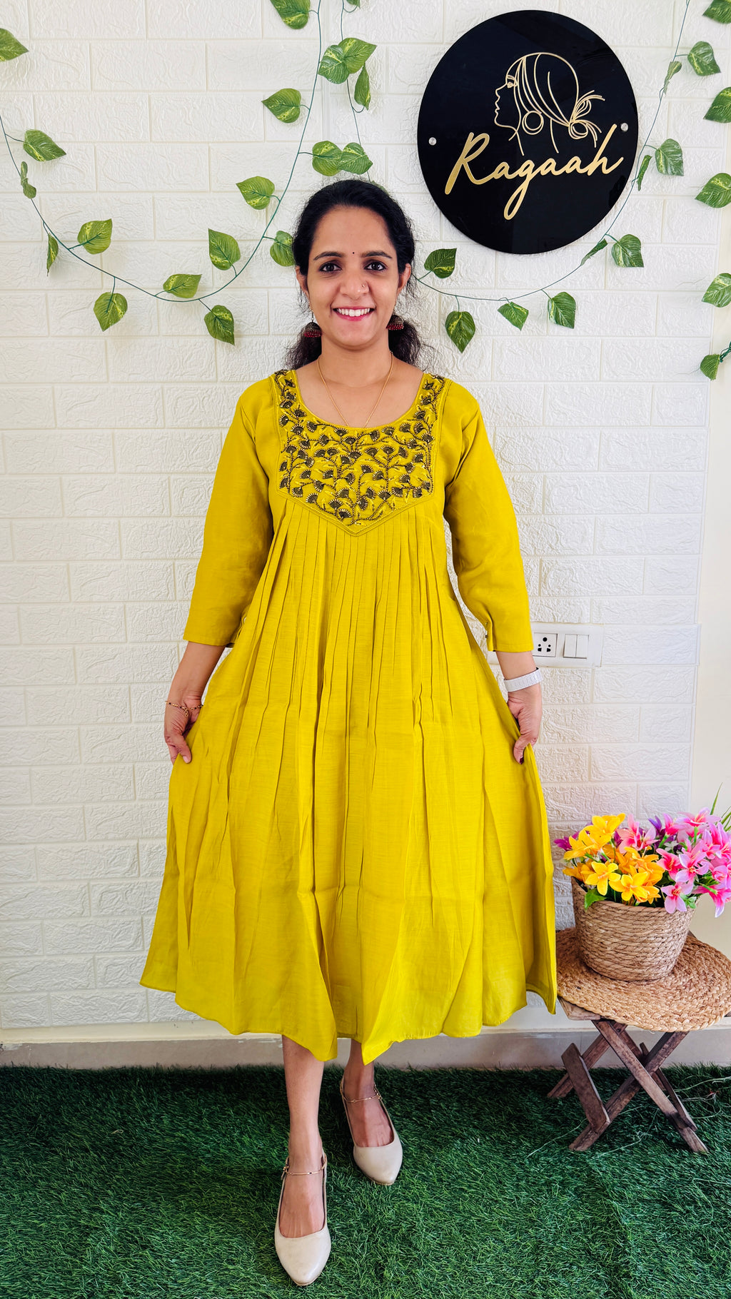 Mul Chandheri Pleated Kurti Lemon Yellow RG893