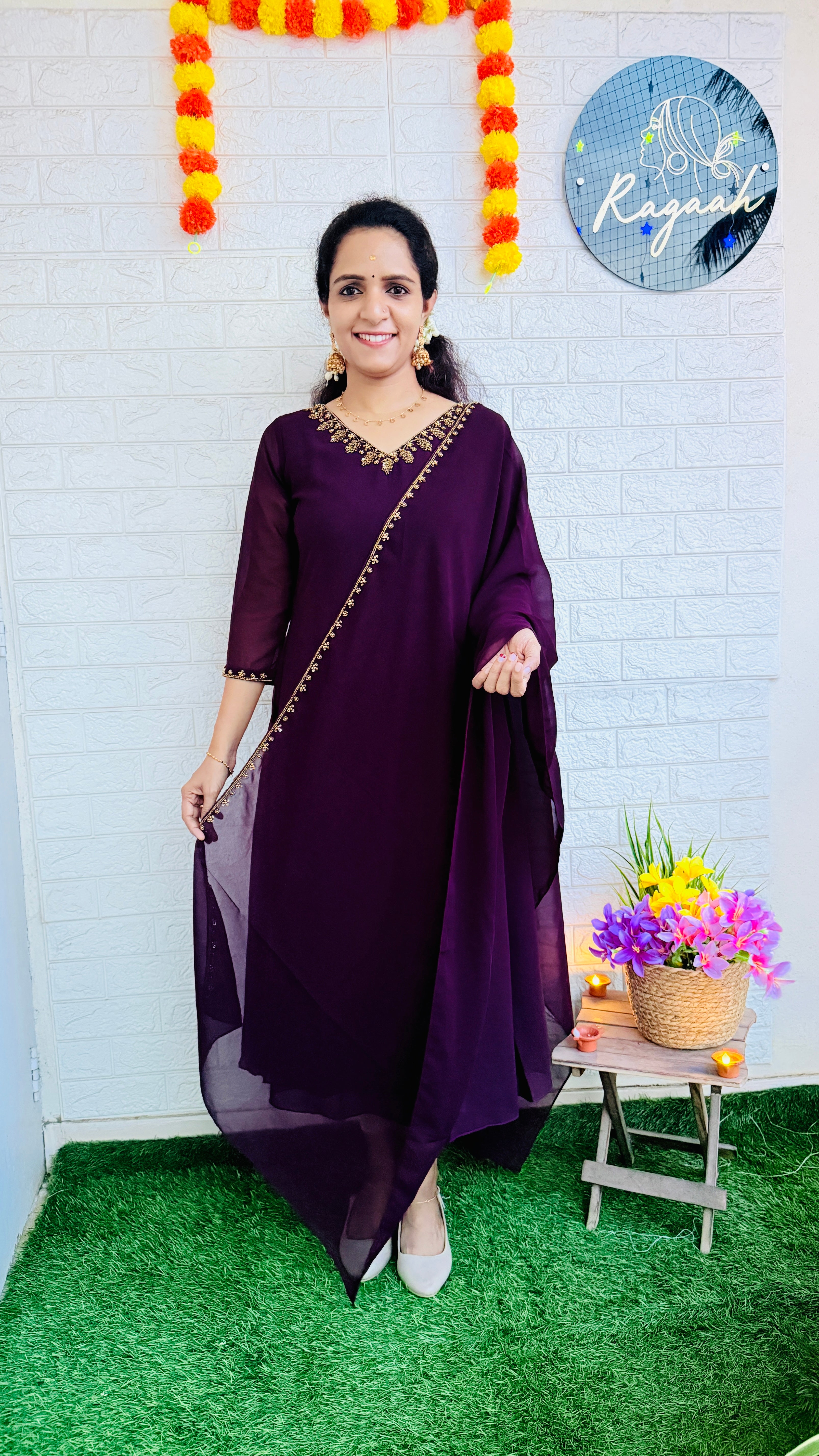 Heavy HandWork Aline Kurti + Dupatta RG847 Wine