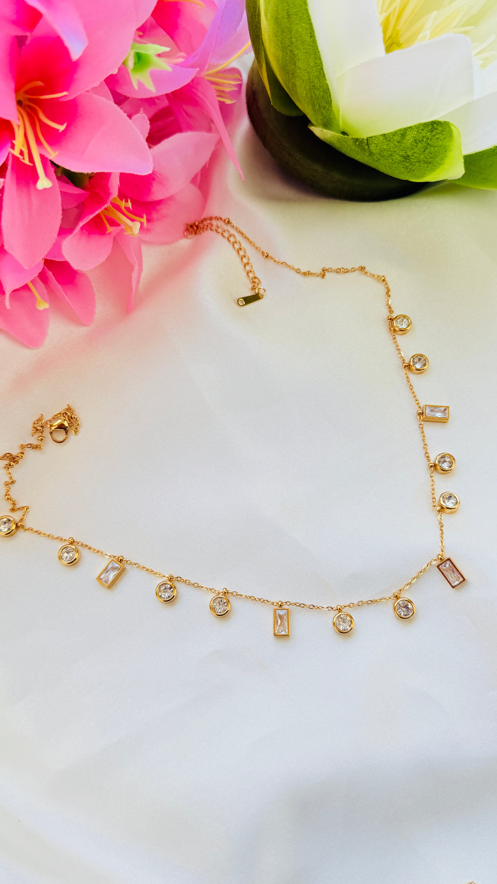 Dew Drops White Stone Anti tarnish stainless steel neck Chain RJ141