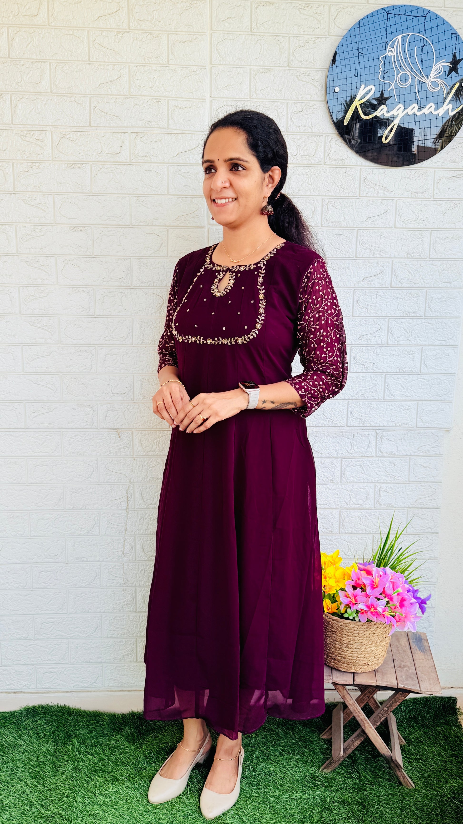 Georgette Anarkali with Zari Embroidered Sleeves RG836 Grape Wine