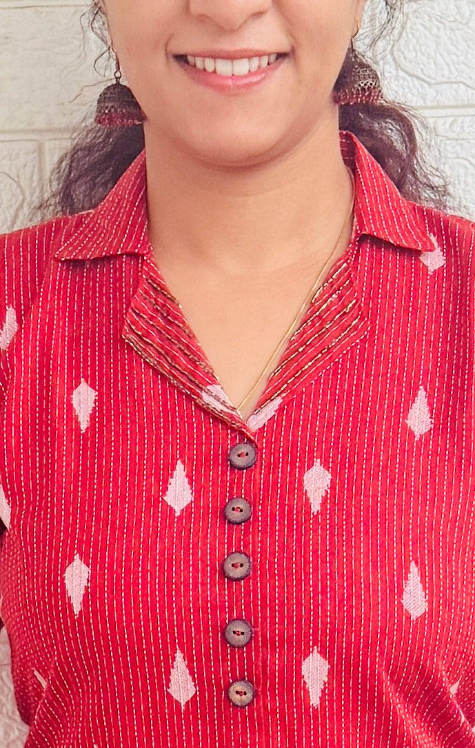 Heavy Hand Worked Kantha Cotton Slitted Collar Kurti RG848 Red