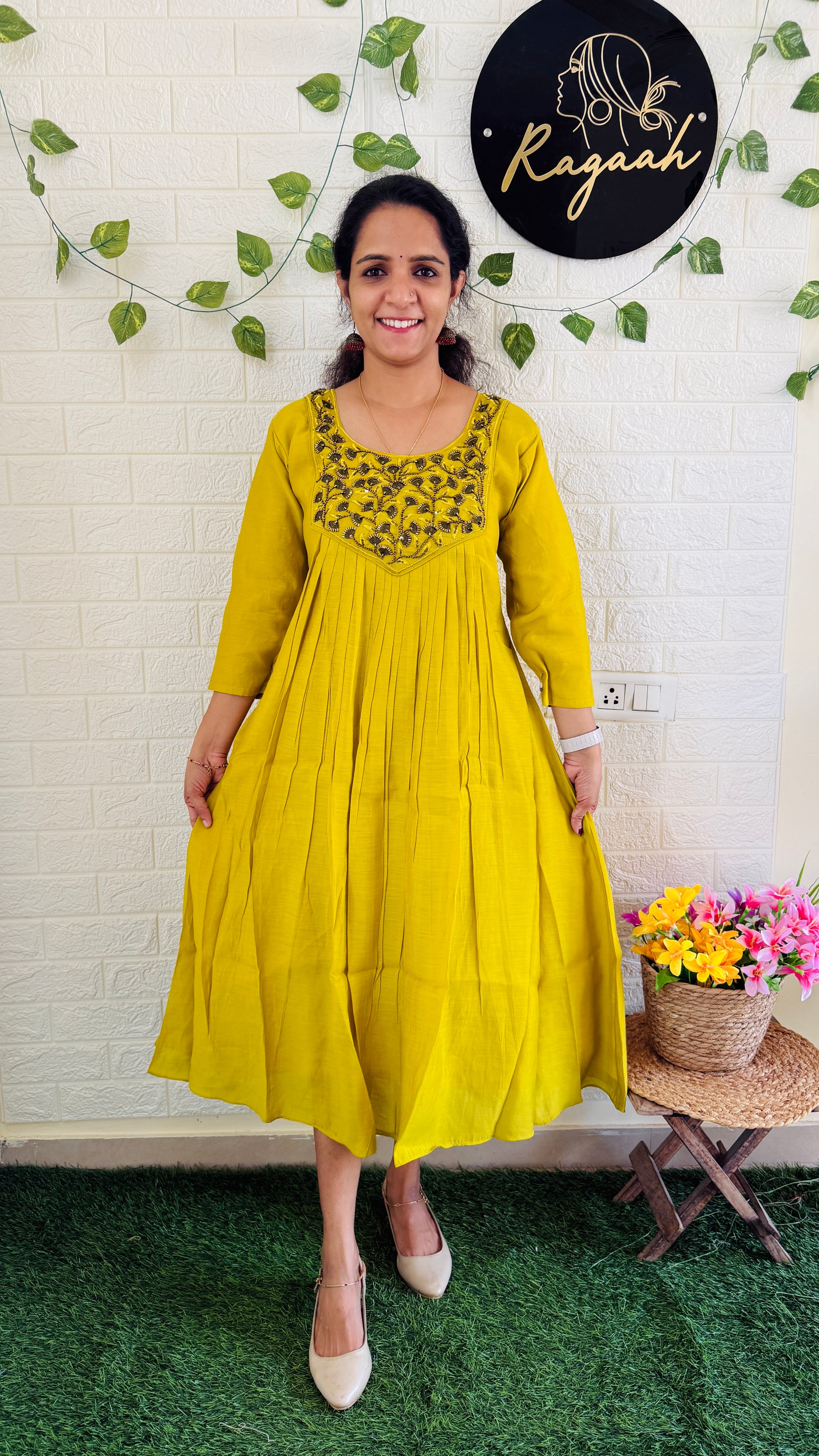 Mul Chandheri Pleated Kurti Lemon Yellow RG893