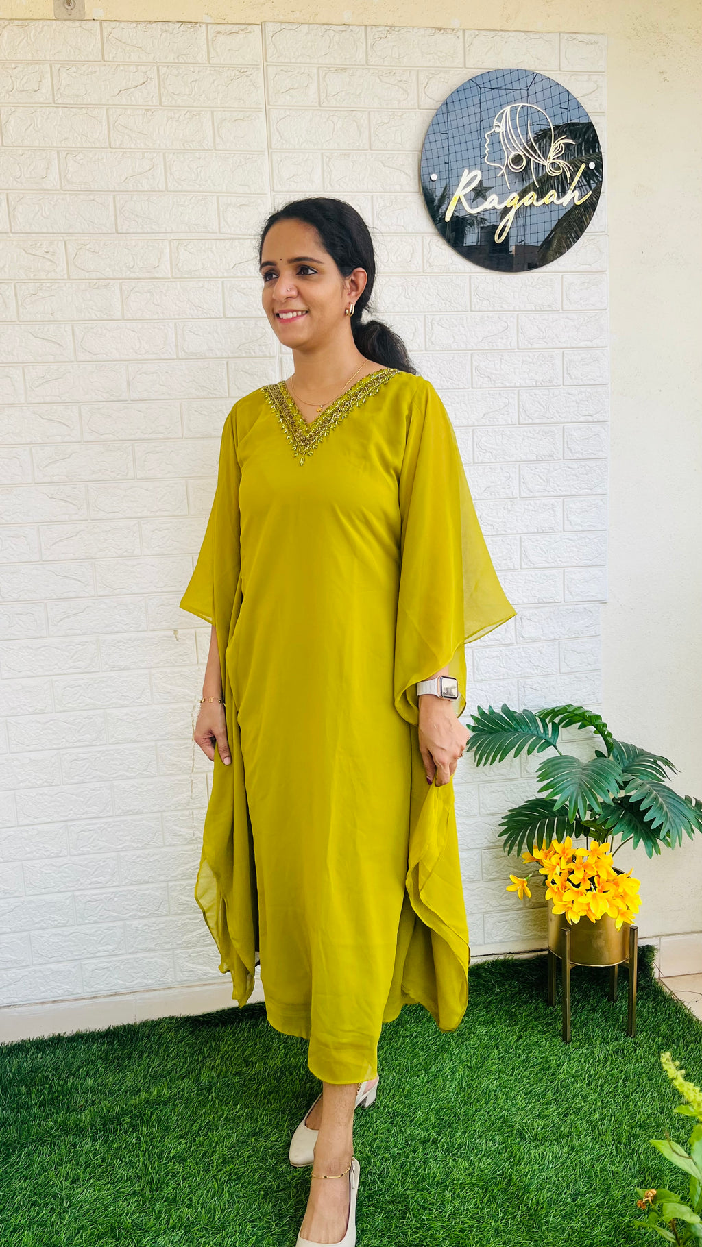 Premium Georgette Kaftan Lemon green RG738