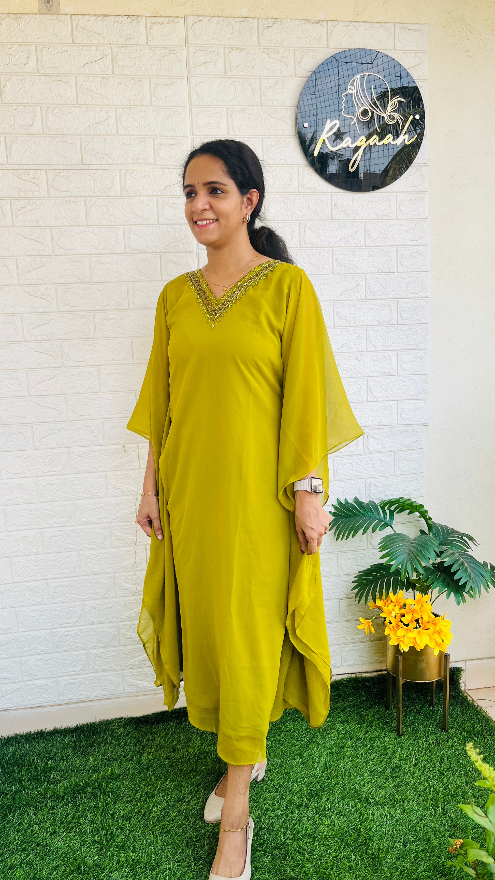 Premium Georgette Kaftan Lemon green RG738